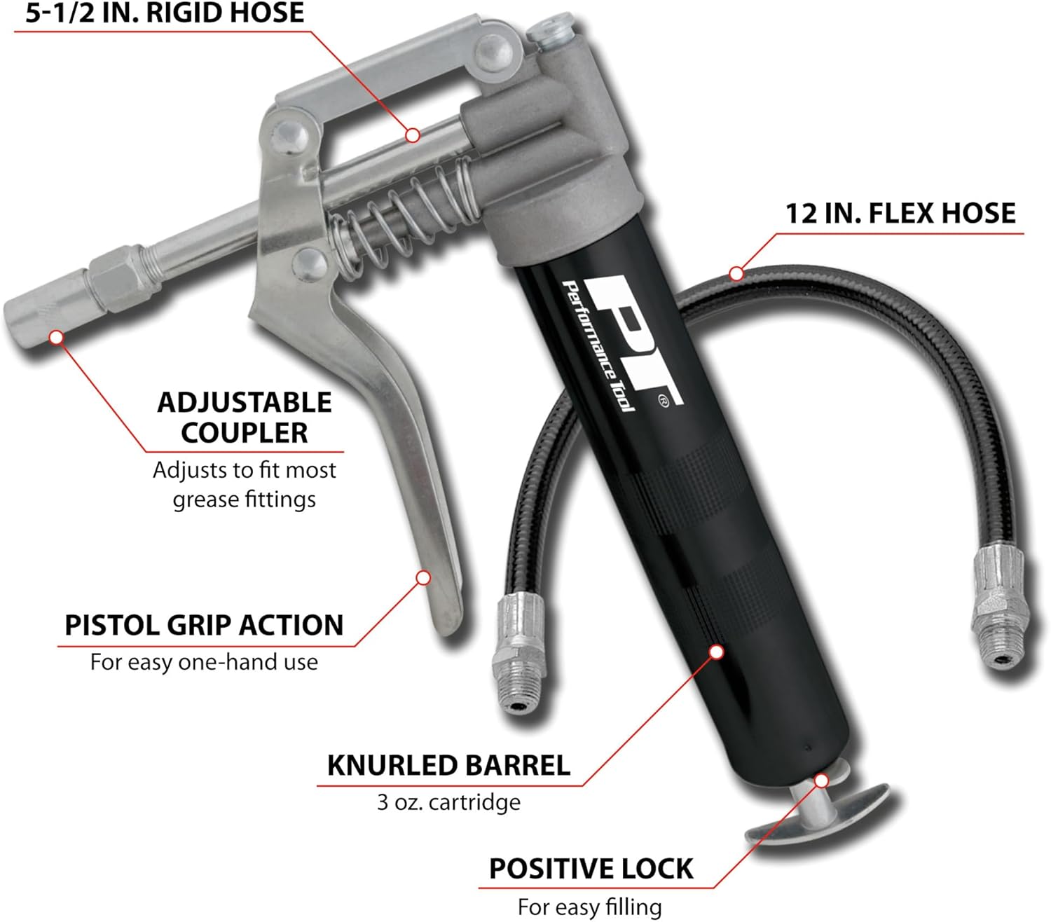 Performance Tool W54198 Pistola de engrase de 3 oz con manguera flexible