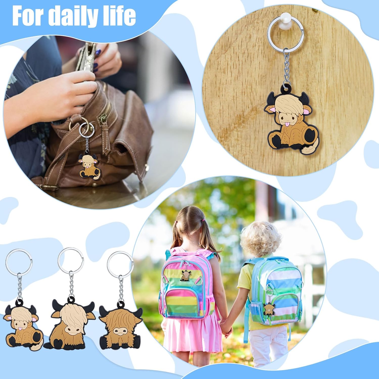 Kigeli 36 juegos de llaveros de fiesta de vaca de las tierras altas para niños con bolsas de organza, etiquetas de agradecimiento, regalos de