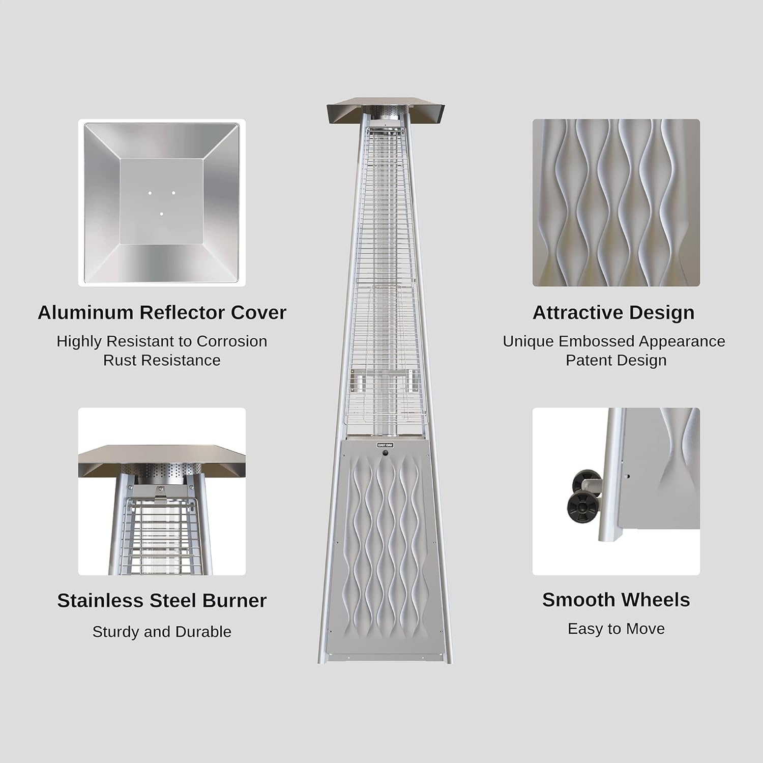 EAST OAK Pyramid – Calentador de patio de 48000 BTU, calentador de patio con llama para exteriores, acero inoxidable, calentador de propano de tubo