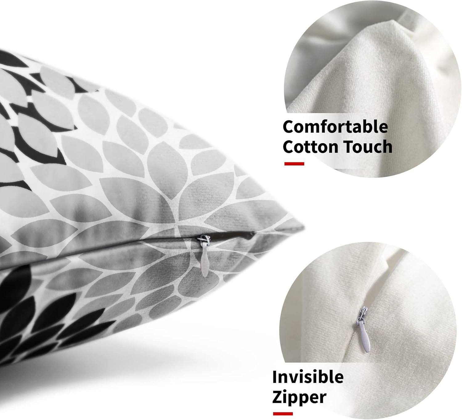 Juego de 2 fundas de almohada negras de 12 x 20 pulgadas, color negro, blanco, gris, dalias florales, geométricas, lumbar, fundas de almohada para