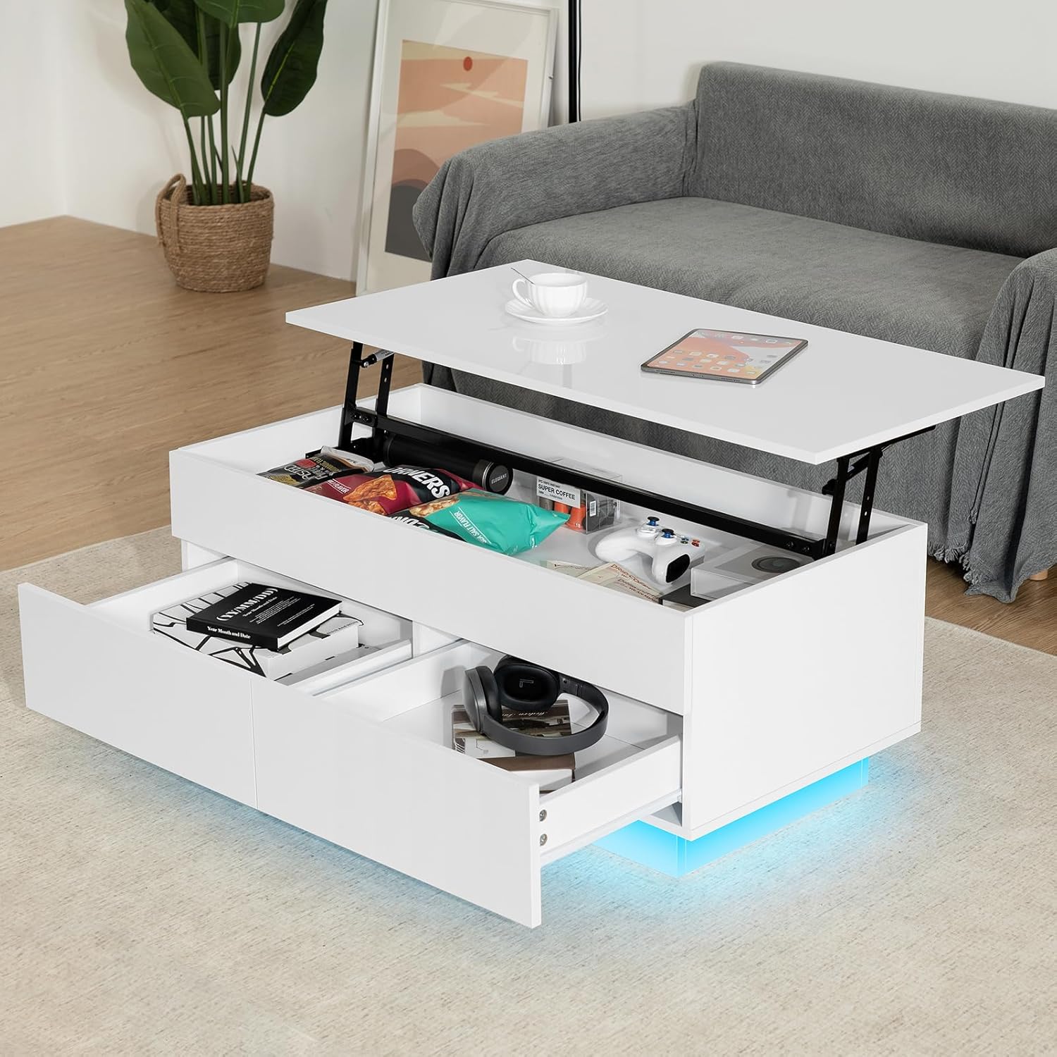 HOMMPA Morden – Mesa de centro elevable con almacenamiento oculto, mesa de centro LED de alto brillo, mesa de té de 3 niveles con mesas centrales de