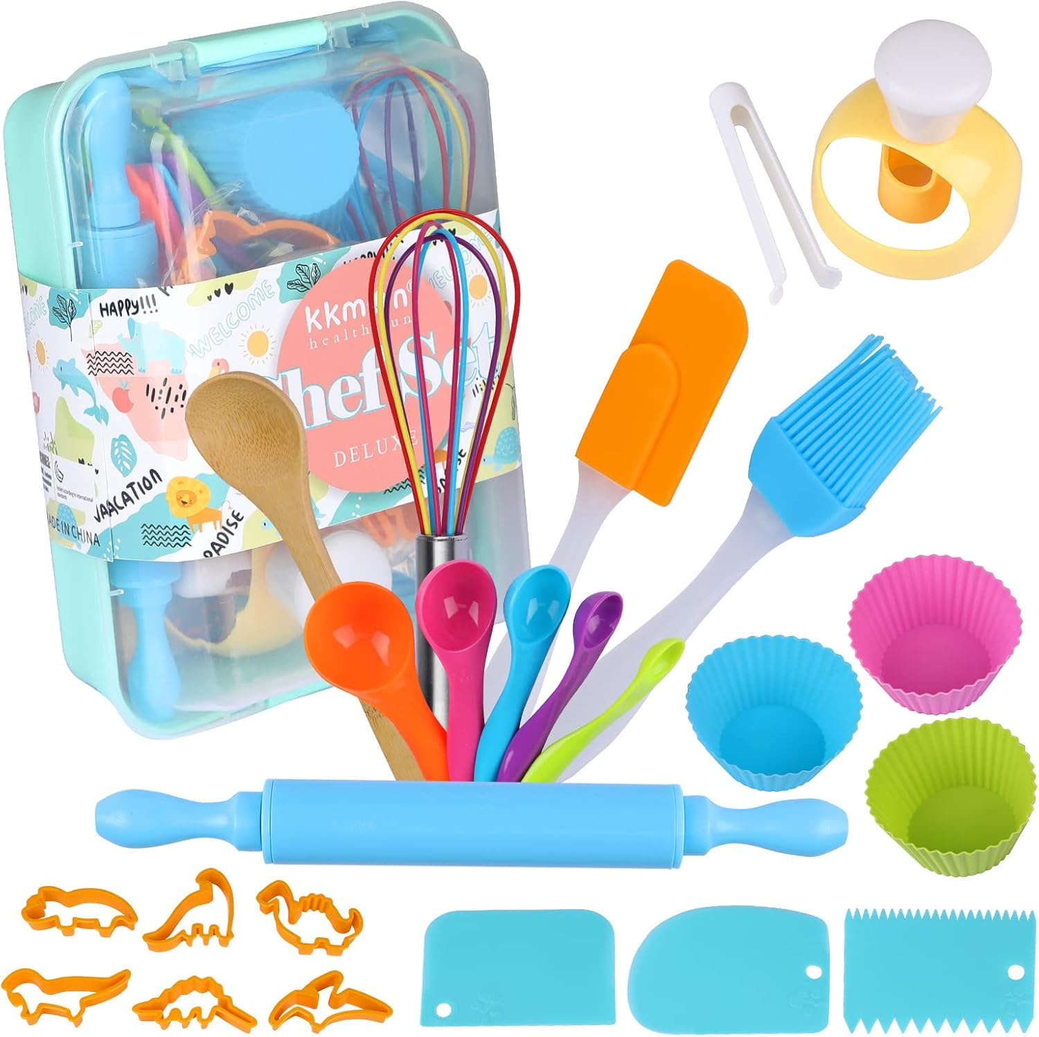 Juego de cocina y horneado para niños, 28 piezas, incluye sombrero de chef para niños y delantal de dinosaurio, guante de horno y utensilios de