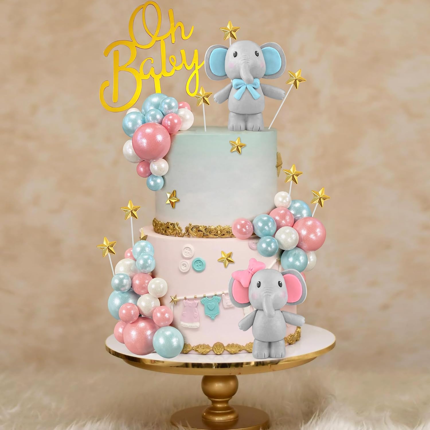 49 piezas de decoración de pastel de elefante Oh Baby Cake Topper de bolas de perlas para tartas, mini botella de leche, decoración de pastel de