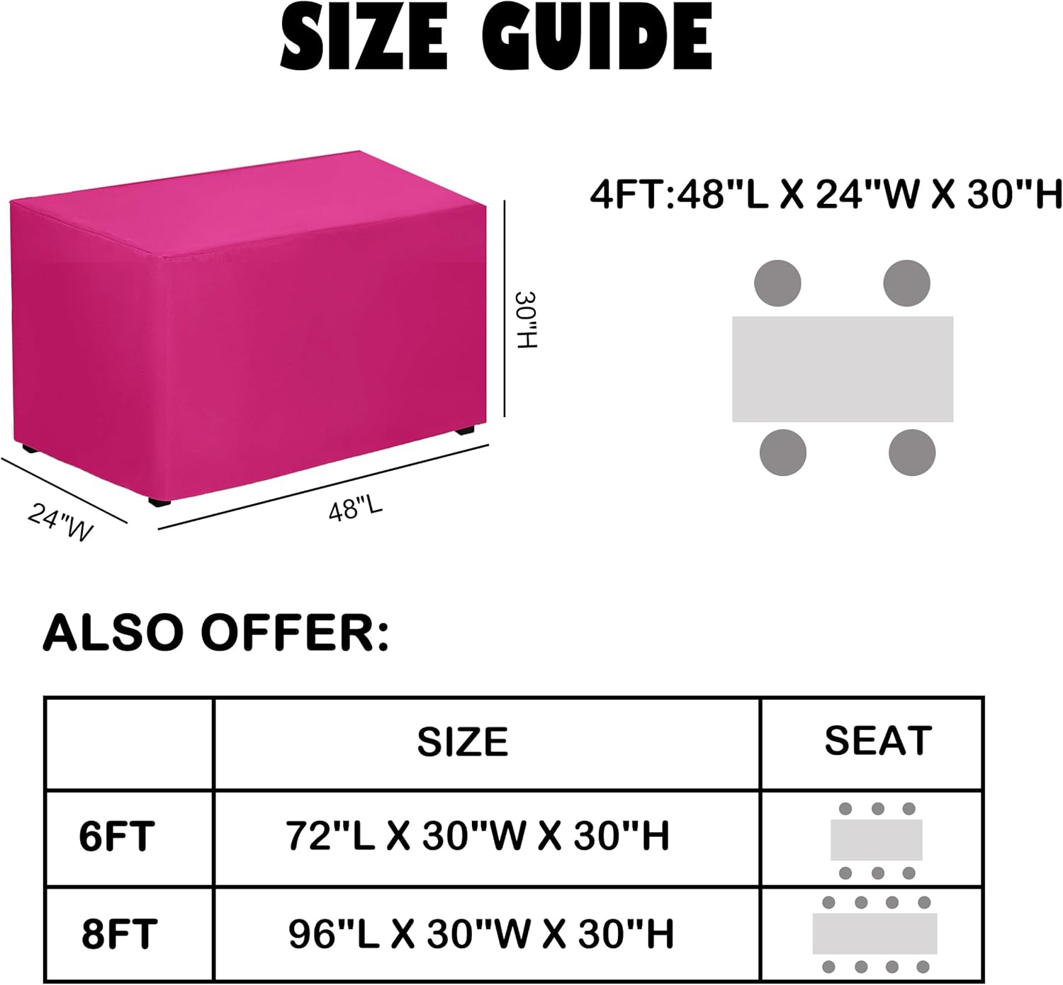 Paquete de 2 manteles rectangulares ajustables color fucsia de 48 x 24 pulgadas para mesa de 4 pies en poliéster lavable, mantel de 4 pies para mesa