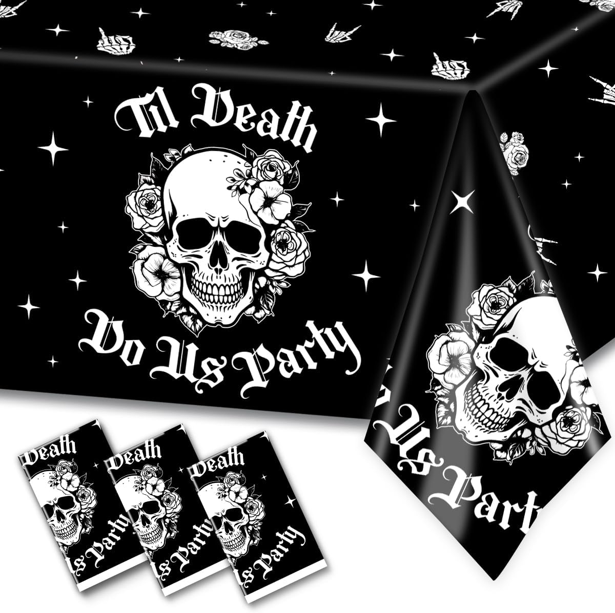 CMUSKO 3 manteles para fiesta de Til Death Do Us, decoraciones de despedida de soltera de Halloween, diseño de calavera gótica negra, desechables,