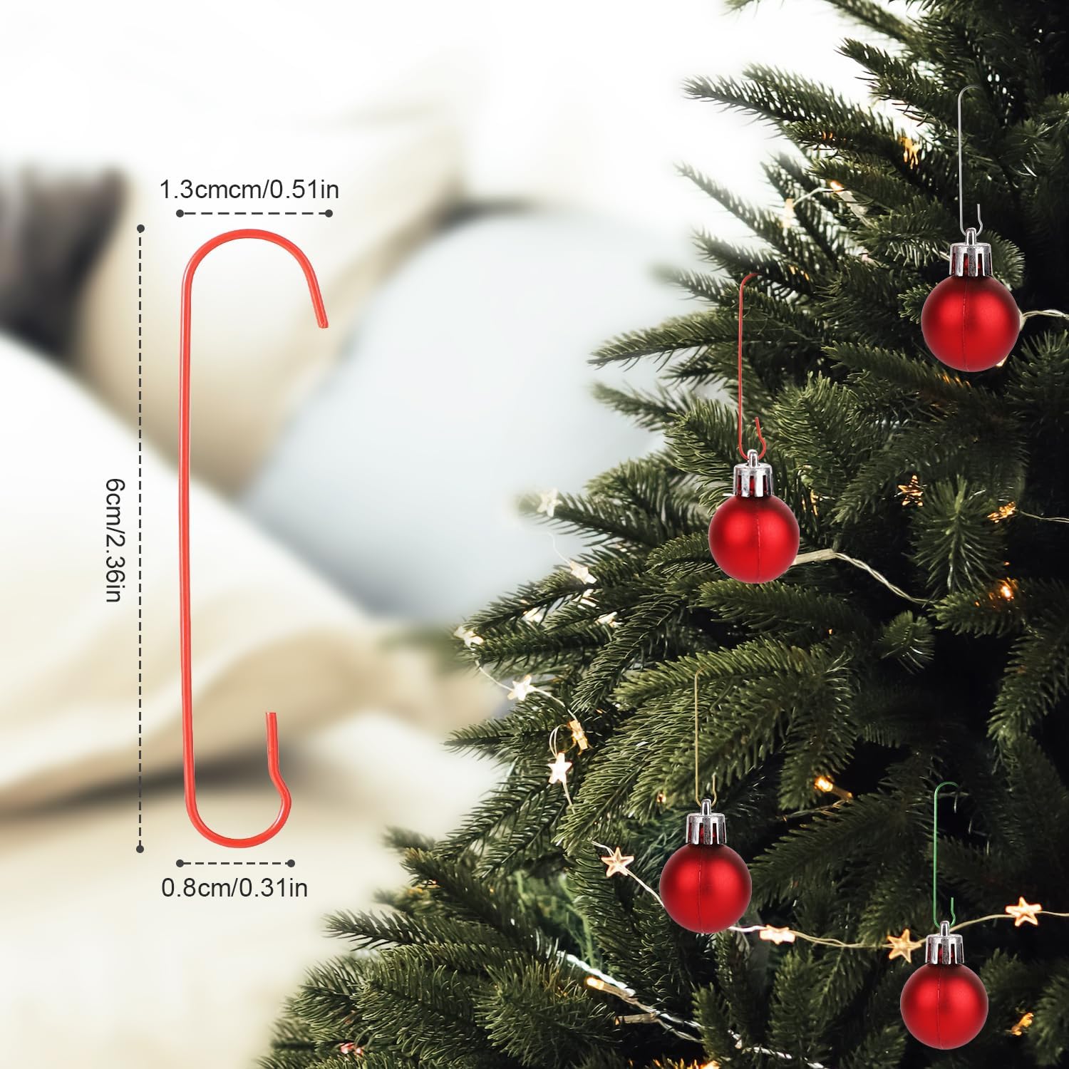200 ganchos para adornos de Navidad, 2.4 x 0.5 pulgadas, ganchos para adornos de árbol de Navidad en forma de C con caja de almacenamiento, ganchos