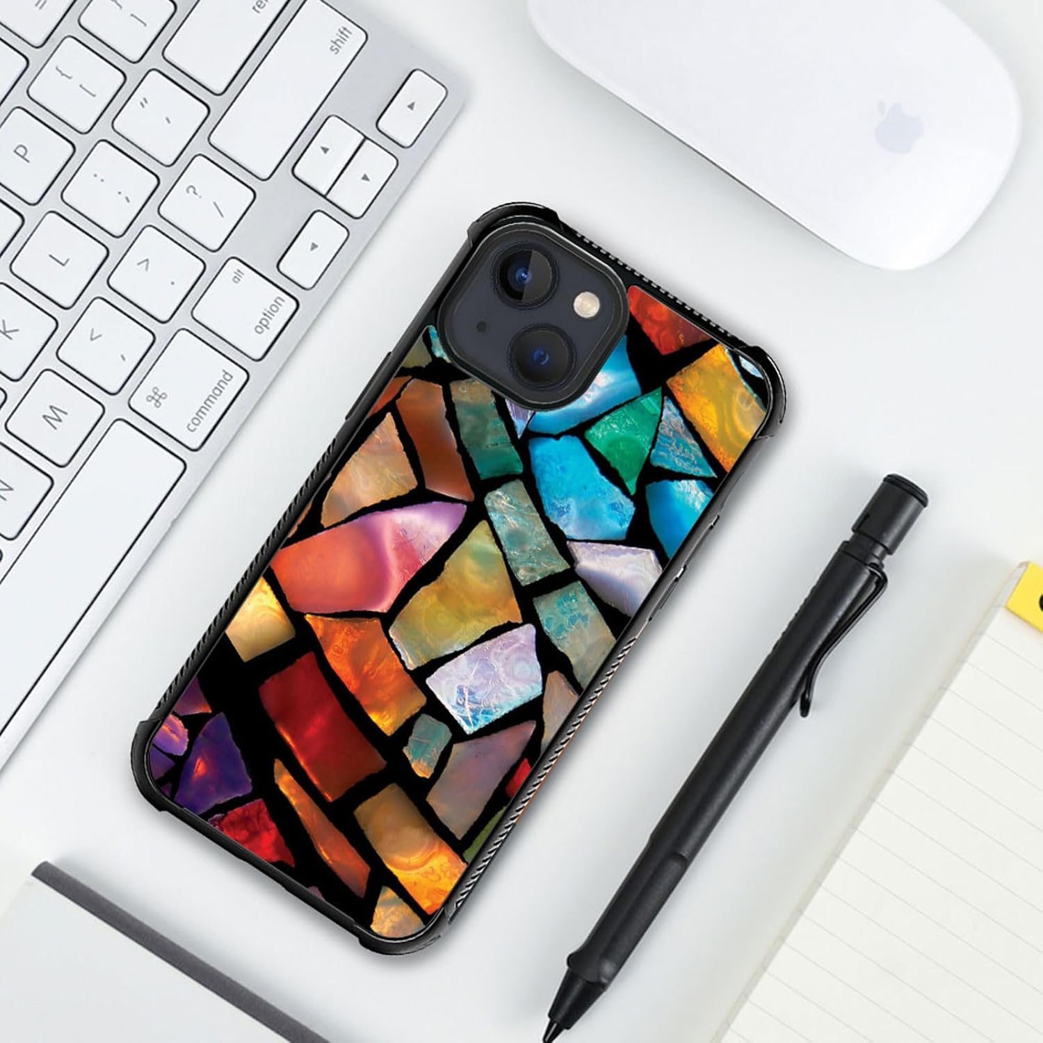 ZHEGAILIAN Funda compatible con iPhone 15 Plus, vitrales de mosaico de fiesta divertida, parte trasera de vidrio templado + funda protectora de