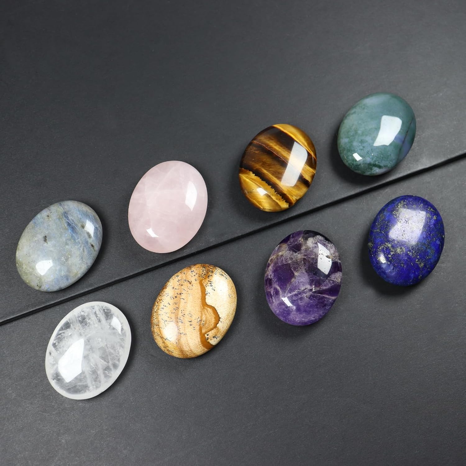 Mezcla de piedras de palma ovaladas de 1.7 pulgadas, 6 piezas de cristales curativos tallados a mano, piedra de preocupación para el pulgar para la