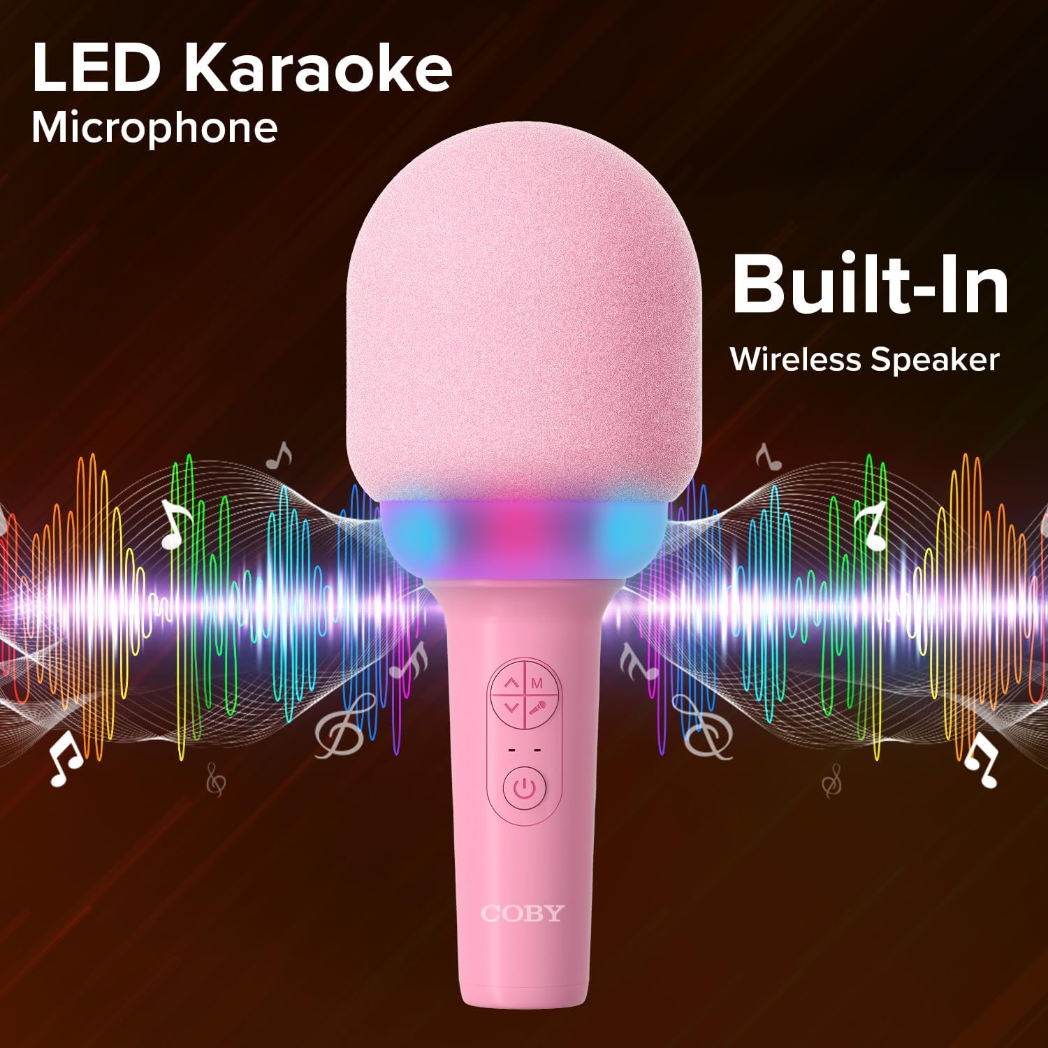 Coby Micrófono LED de karaoke  5 modos de luz súper divertidos  4 modos divertidos de cambio de voz  Modo inalámbrico verdadero para dúos  Micrófono