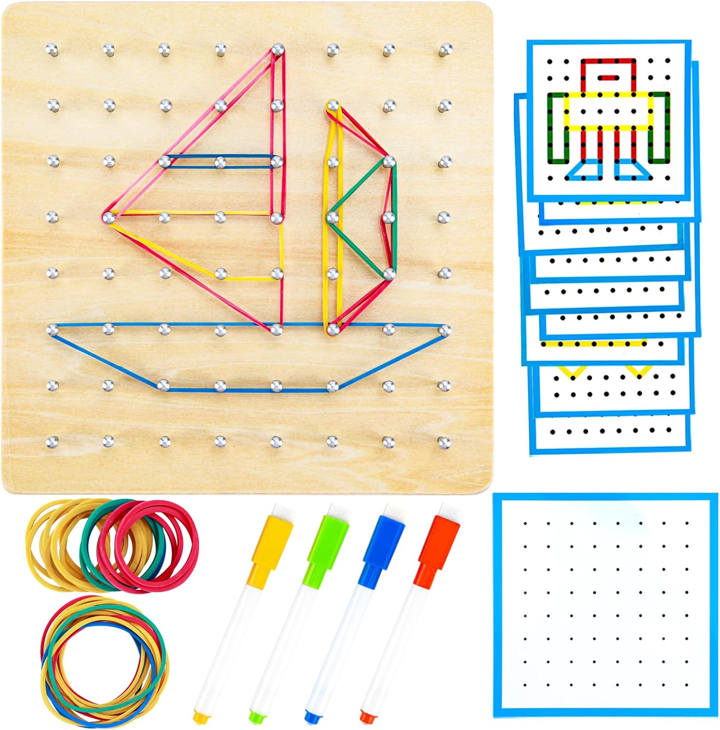 Geoboard de madera, juguete Montessori, juguete gráfico de educación matemática para niños con tarjetas de patrón y bandas de goma para figuras y