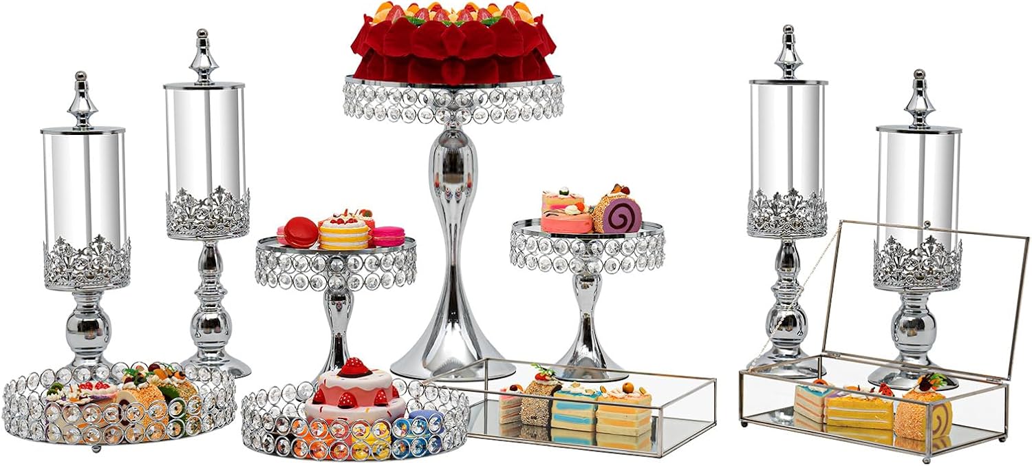 Juego de soportes para pasteles, soporte de cristal plateado para cupcakes, soporte para galletas, plato de exhibición de frutas y postres, para