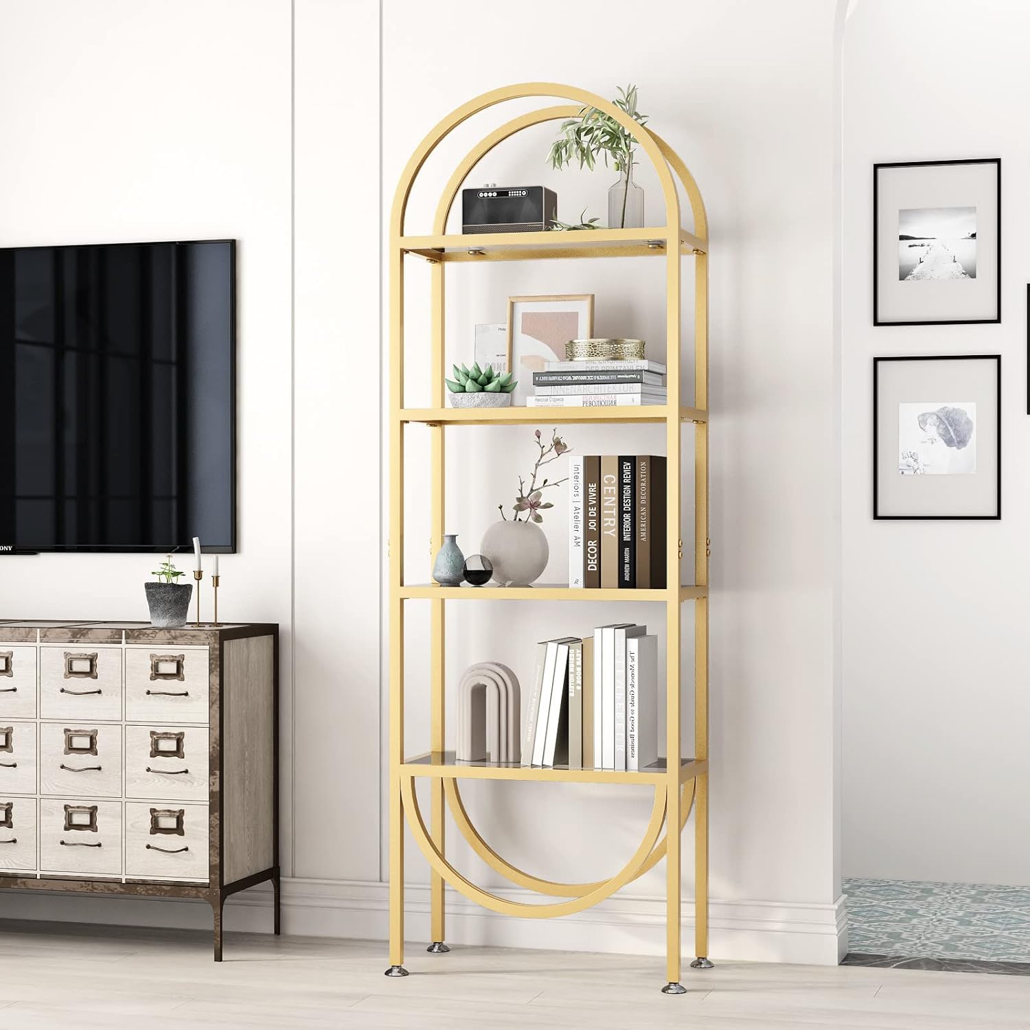 Freestanding Gold Bookshelves with Glass Shelves Storage, Modern Gold Bookcase with 4 Tier Glass Shelves, Gold Storage Organizer for Office, Living