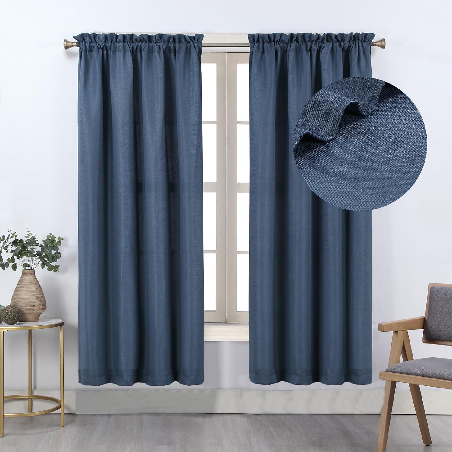 Home Queen Cortinas de lino para dormitorio, cortinas repelentes al agua, cortina de sala de estar de 84 pulgadas de largo, 2 paneles, azul