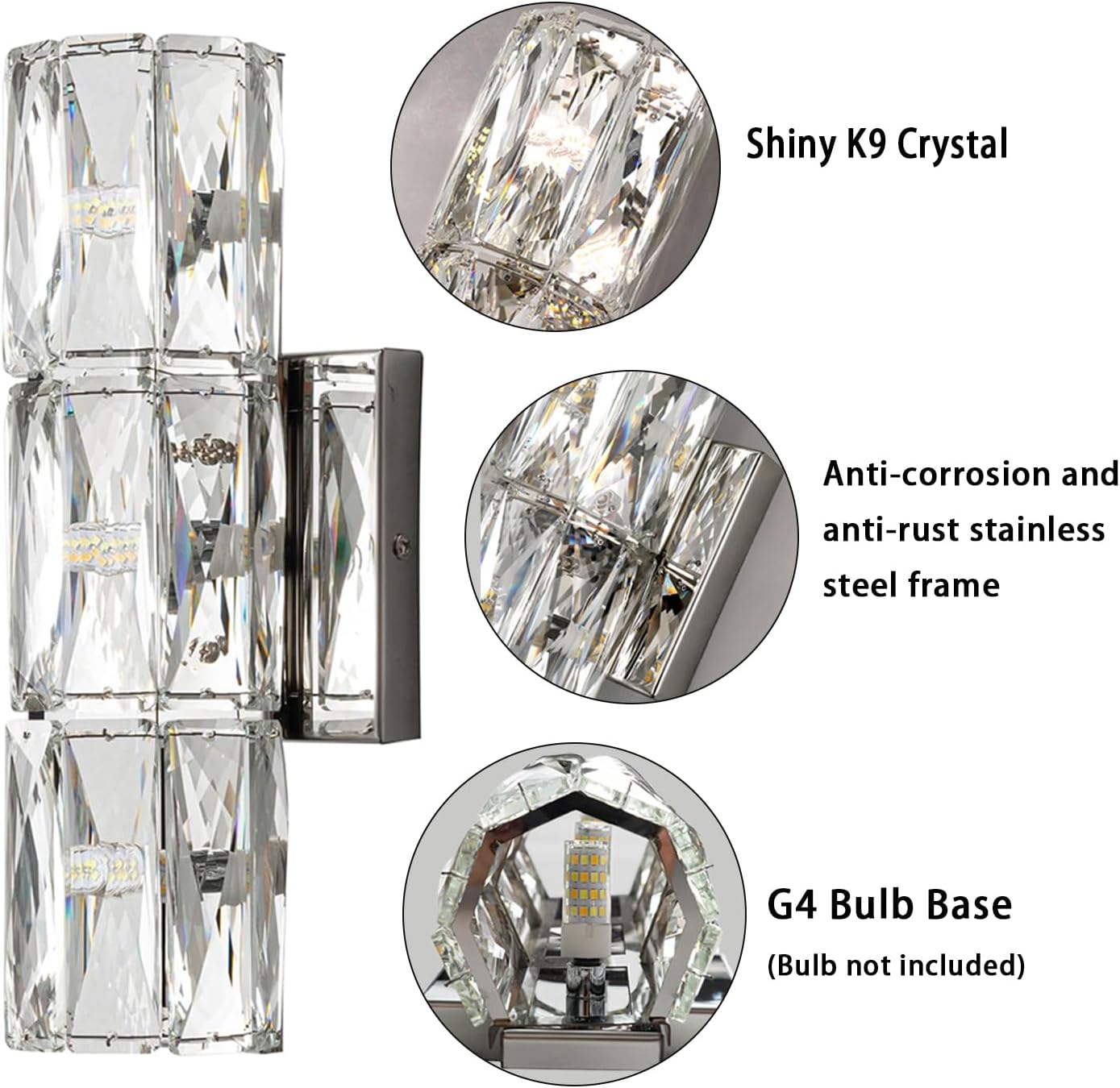 Qaupoee Lámpara de pared de cristal de 3 luces de mediados de siglo, moderna lámpara de pared de metal de acero inoxidable plateado para dormitorio,