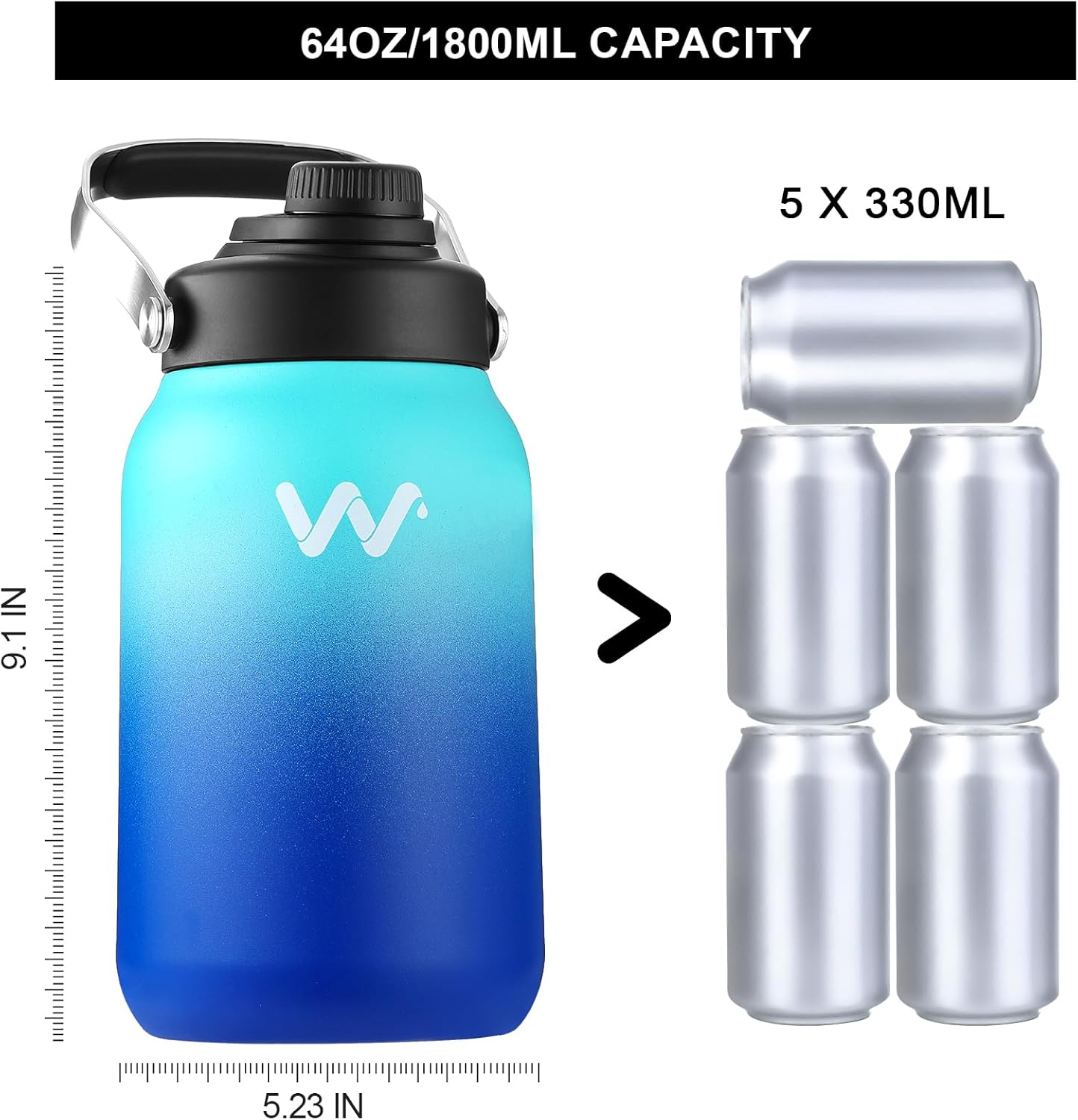 WEREWOLVES Botella de agua aislada con asa, botella de agua de medio galón de 64 onzas de acero inoxidable a prueba de fugas, boca ancha, botella de