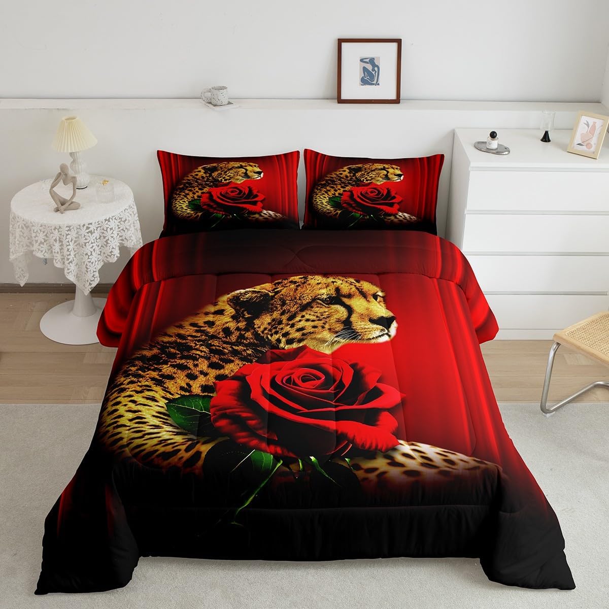 Erosebridal Juego de ropa de cama con diseño de rosa de guepardo, juego de edredón abstracto degradado, tamaño Queen, estampado de leopardo, flores,