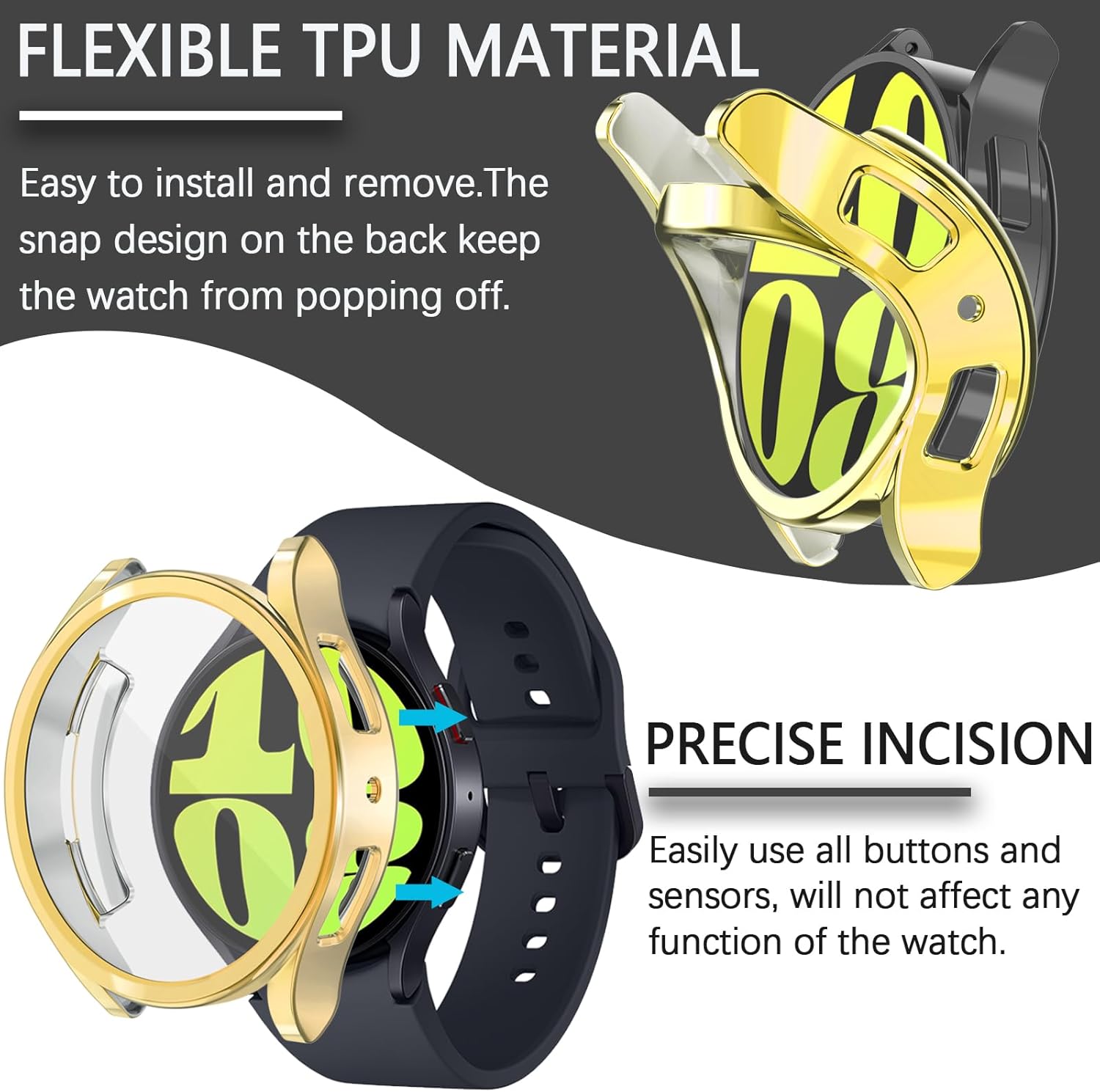 Wugongyan Funda protectora de pantalla compatible con Samsung Galaxy Watch 6 de 1.575 pulgadas, 1.732 pulgadas, flexible y suave, TPU en todo el