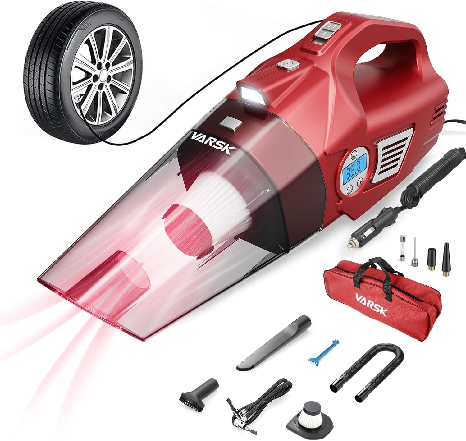 VARSK Aspiradora de coche portátil para neumáticos, 4 en 1 aspiradora de mano de alta potencia y compresor de aire con luz LED y medidor digital de