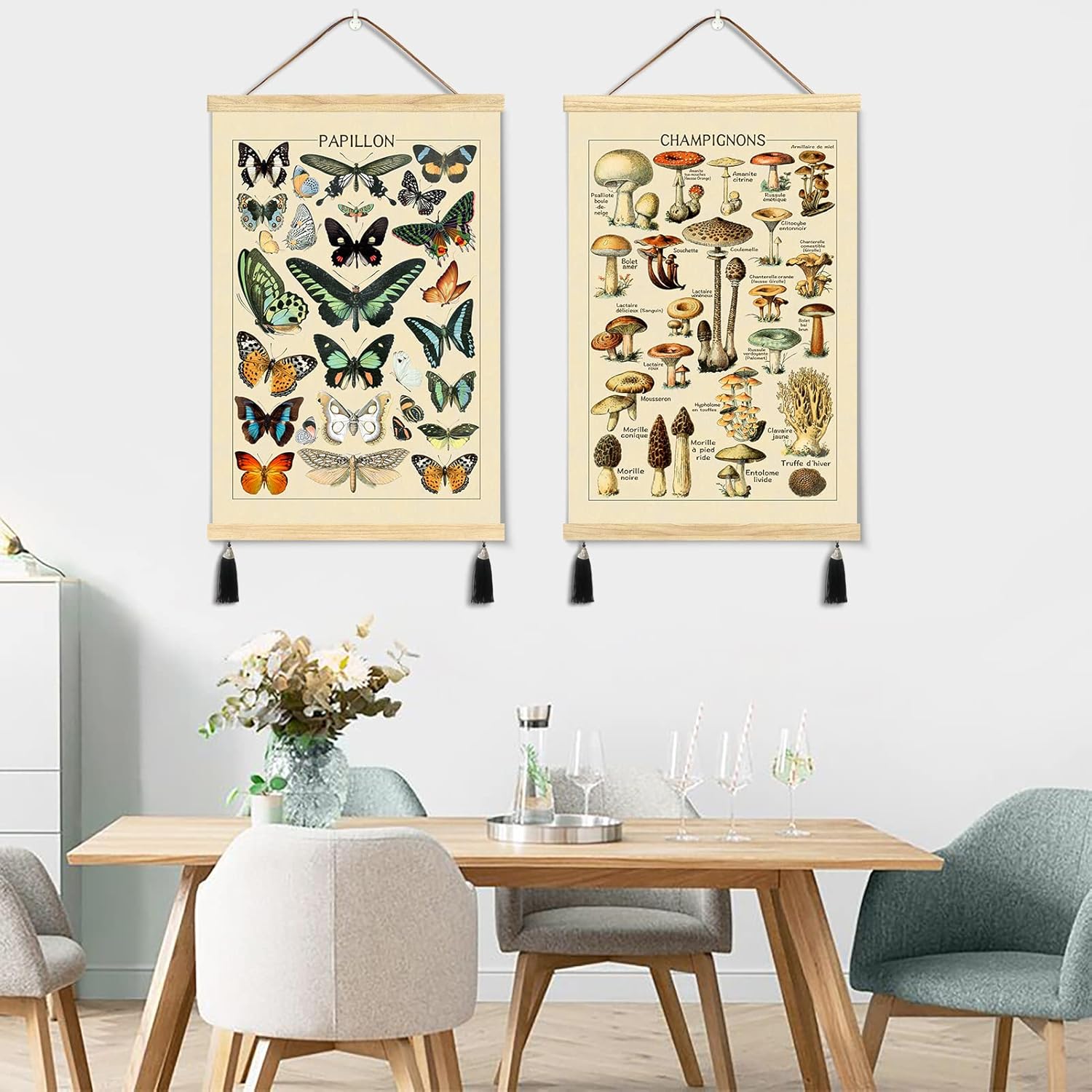 LIYAOLI Póster de hongos y mariposas para colgar en la pared, 2 juegos de 16 x 24 pulgadas, marco magnético de madera para colgar, pósteres de