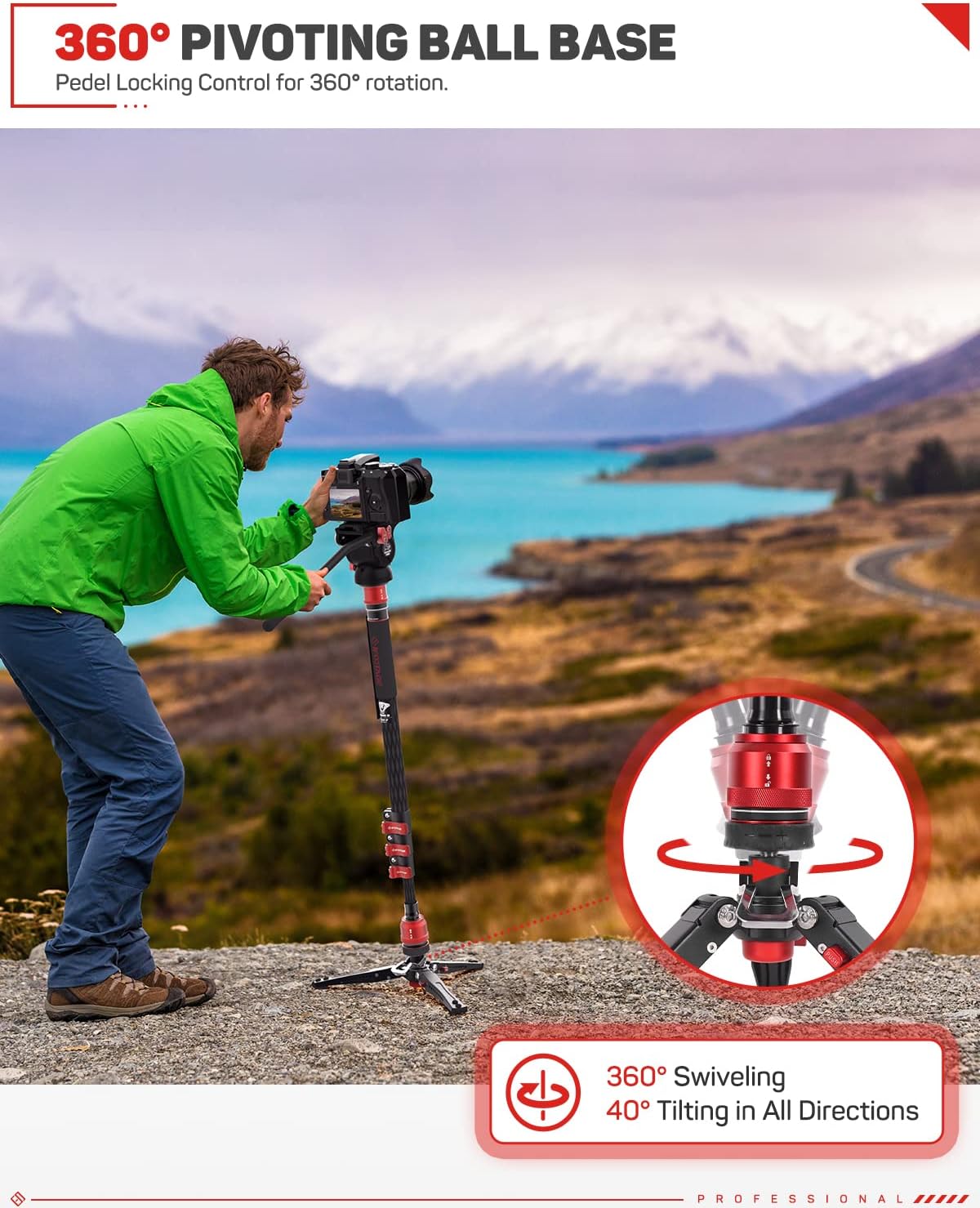 IFOOTAGE Cobra 3 Monopod de fibra de carbono con pedal y gancho para herramientas, monopie portátil de viaje con pies, carga máxima de 17.64 libras,