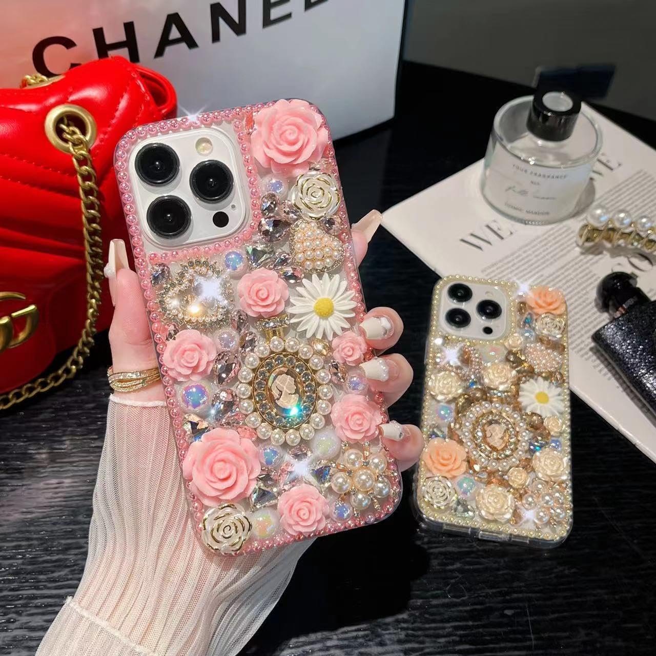 Funda con diamantes de imitación para iPhone 15 Pro Max de 6.7 pulgadas, CuteGlitter Bling Bling Luxury 3D Stone Diamond Flower Rose Queen Soft TPU