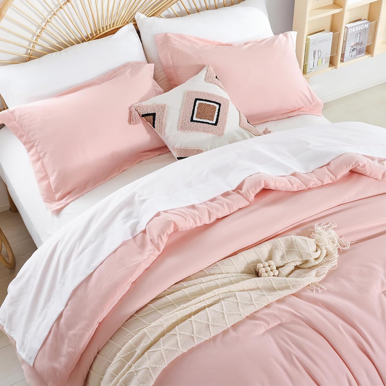 Juego de edredón de tamaño King de 7 piezas, juego de edredón de cama en una bolsa, color liso, rosa, microfibra suave, juego de edredón King con