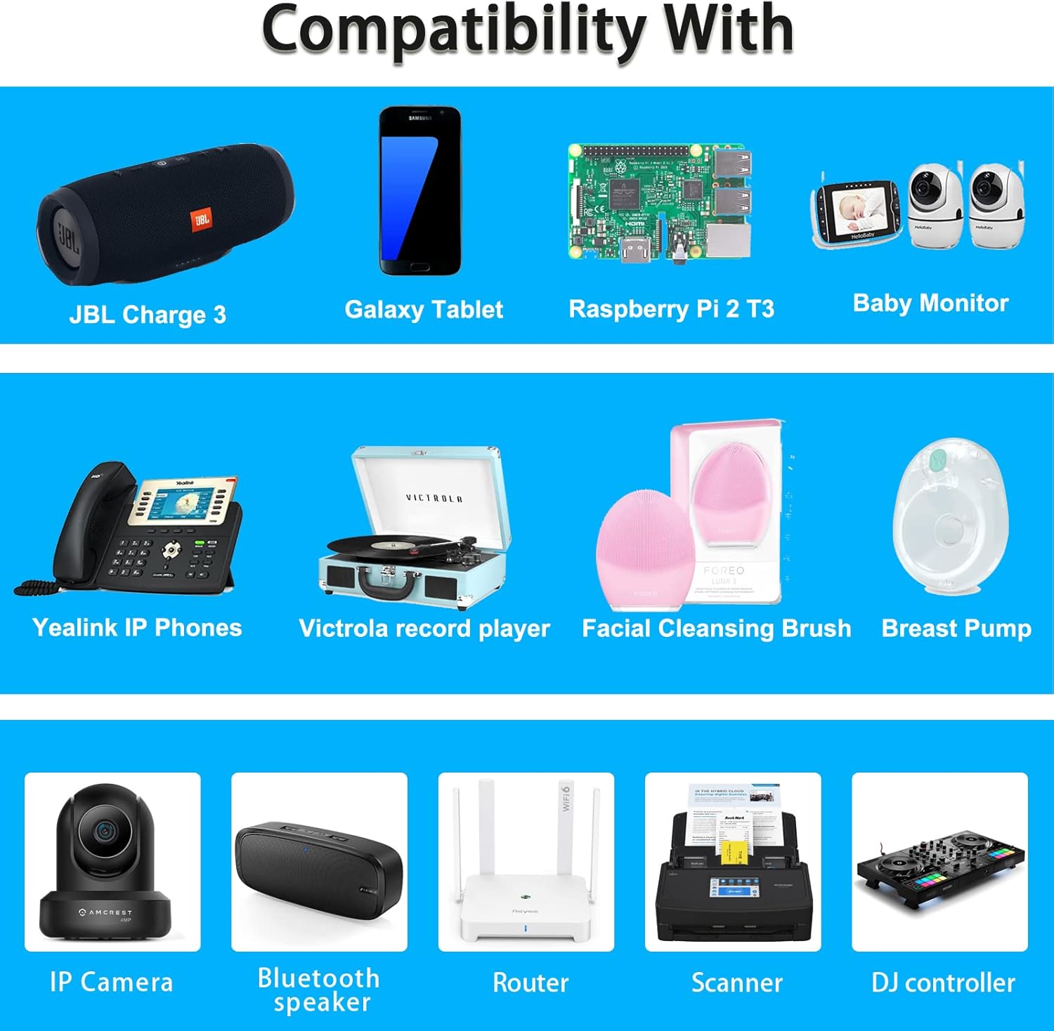 TKDY Cable de fuente de alimentación de 5 V CC, adaptador de CA de 110-240 V apto para 5 voltios 3A 2A 1.5A 1.5A 1A Polycom teléfonos IP Hello Baby