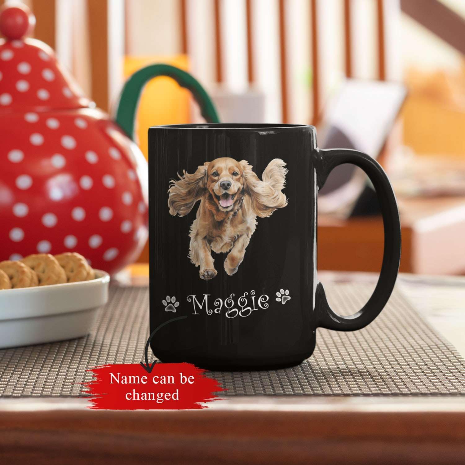 Taza de té de perro Happy Cocker Spaniel personalizada para abuelos, taza de café con nombre personalizado de 11 onzas y 15 onzas, taza de cerámica