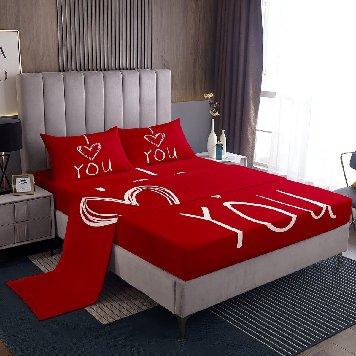 Juego de sábanas de San Valentín para parejas, color rojo y blanco, para niños, niñas, adolescentes, con texto en inglés “I Love You”, juego de ropa
