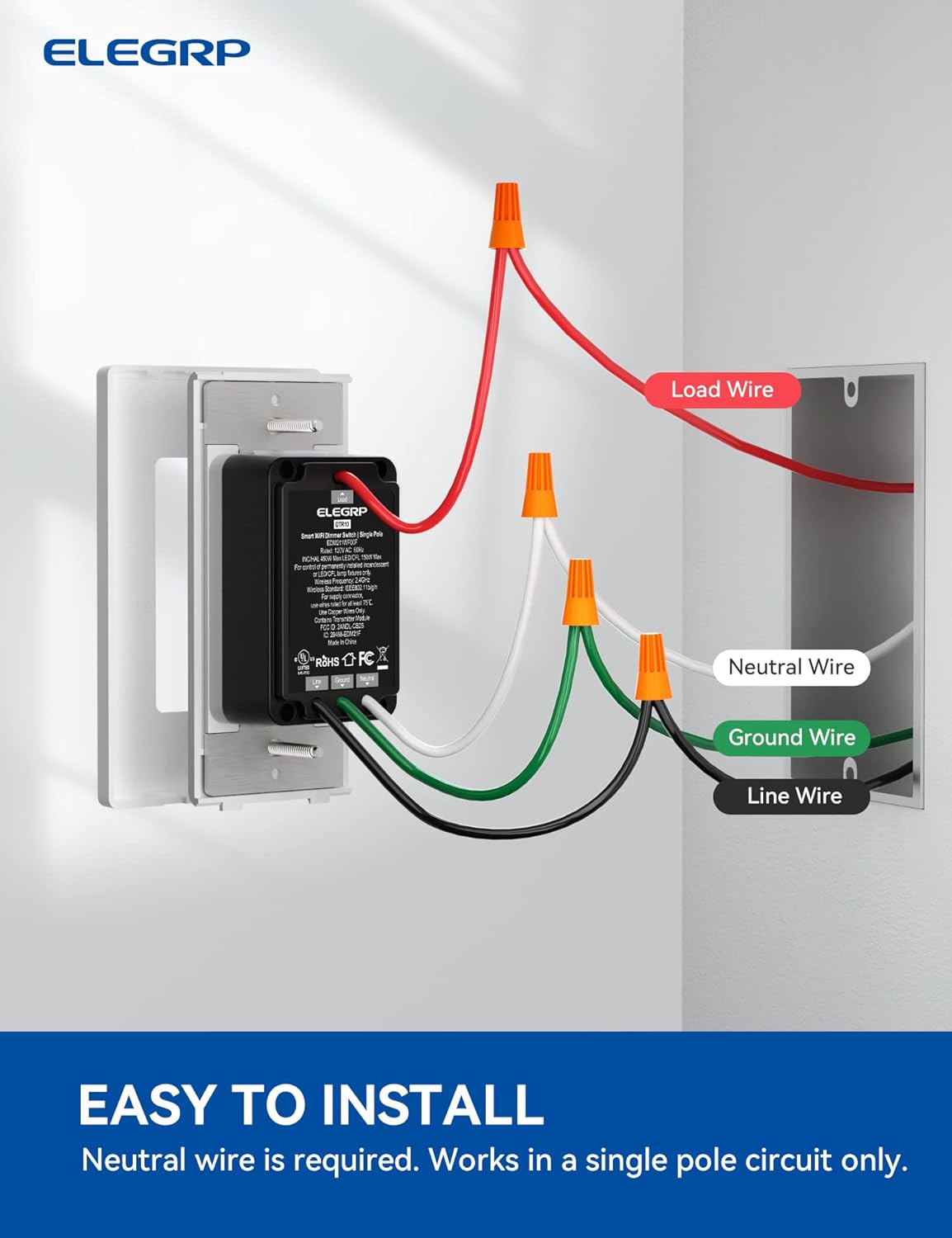ELEGRP Interruptor de atenuación inteligente de un solo polo DPR10, interruptor de atenuación Wi-Fi de 2.4 GHz compatible con Alexa y Google
