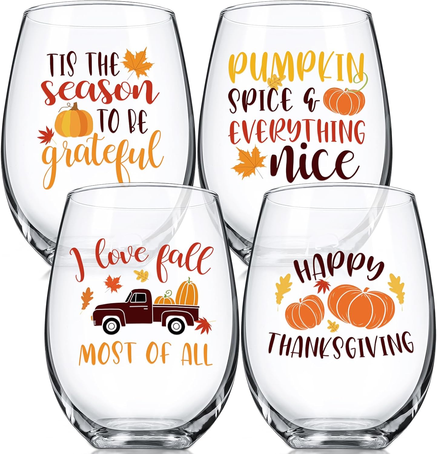 4 copas de vino sin tallo de otoño para mujeres, decoraciones de otoño de Acción de Gracias, tazas de especias de calabaza, cosecha de calabaza,