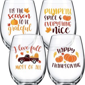 4 copas de vino sin tallo de otoño para mujeres, decoraciones de otoño de Acción de Gracias, tazas de especias de calabaza, cosecha de calabaza, 4 copas de vino sin tallo de otoño para mujeres, decoraciones de otoño de Acción de Gracias, tazas de especias de calabaza, cosecha de calabaza,