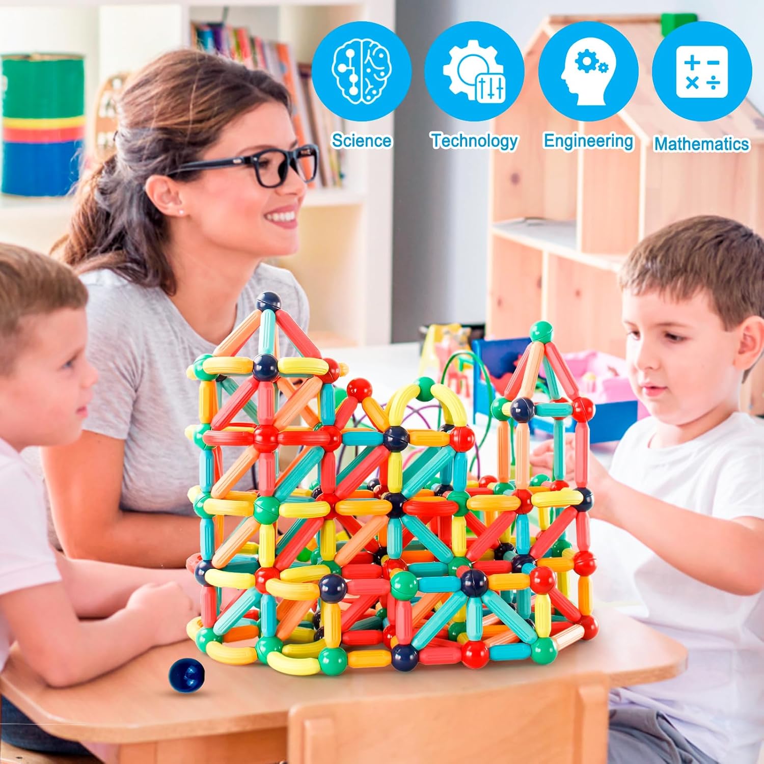 64 piezas de bloques de construcción magnéticos, juguete educativo STEM para niños, palos y bolas de aprendizaje Montessori, juguetes de actividades