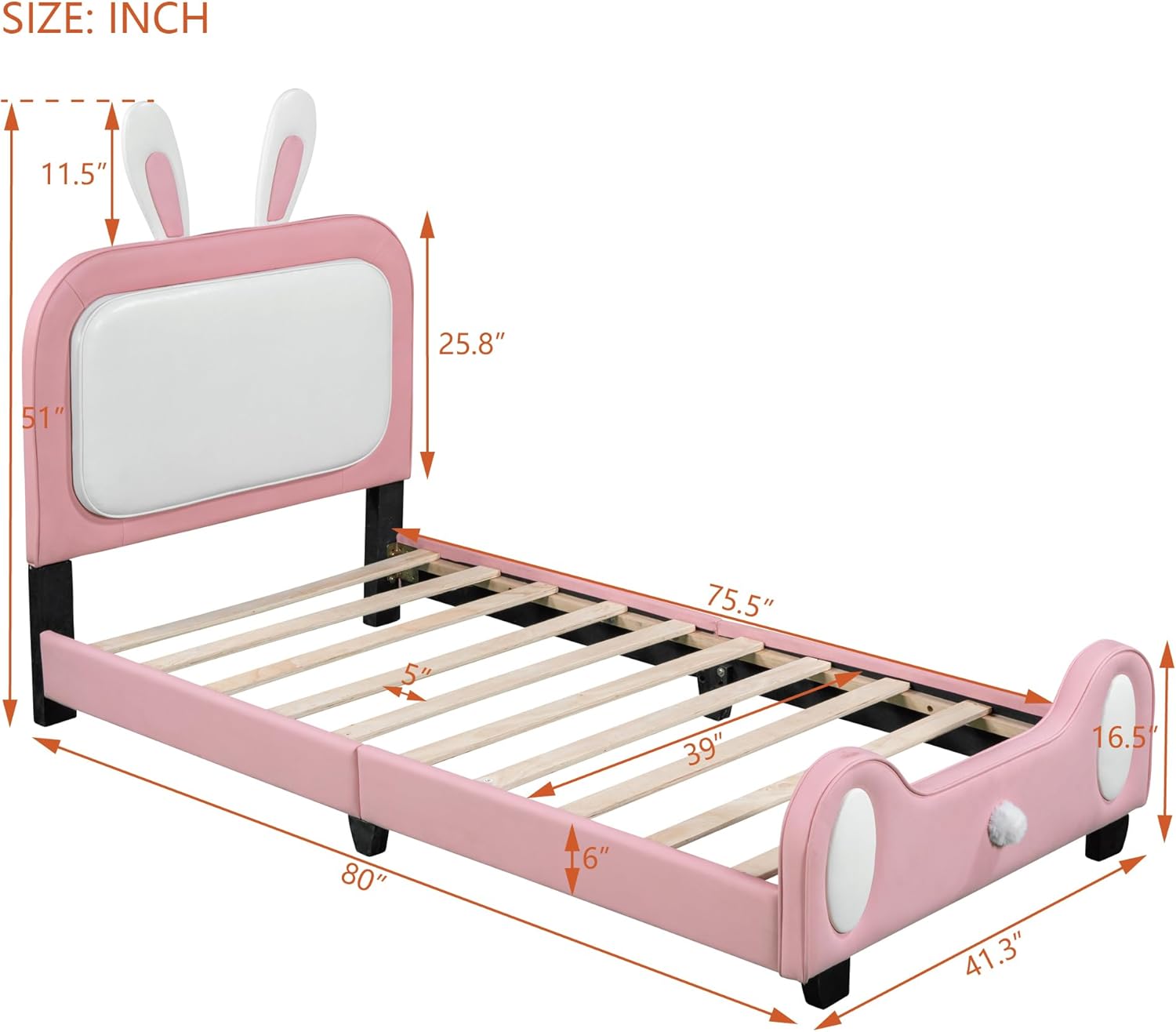 Cama de princesa tapizada en forma de conejo de tamaño individual con cabecero y estribo, plataforma tapizada de piel sintética para niños y