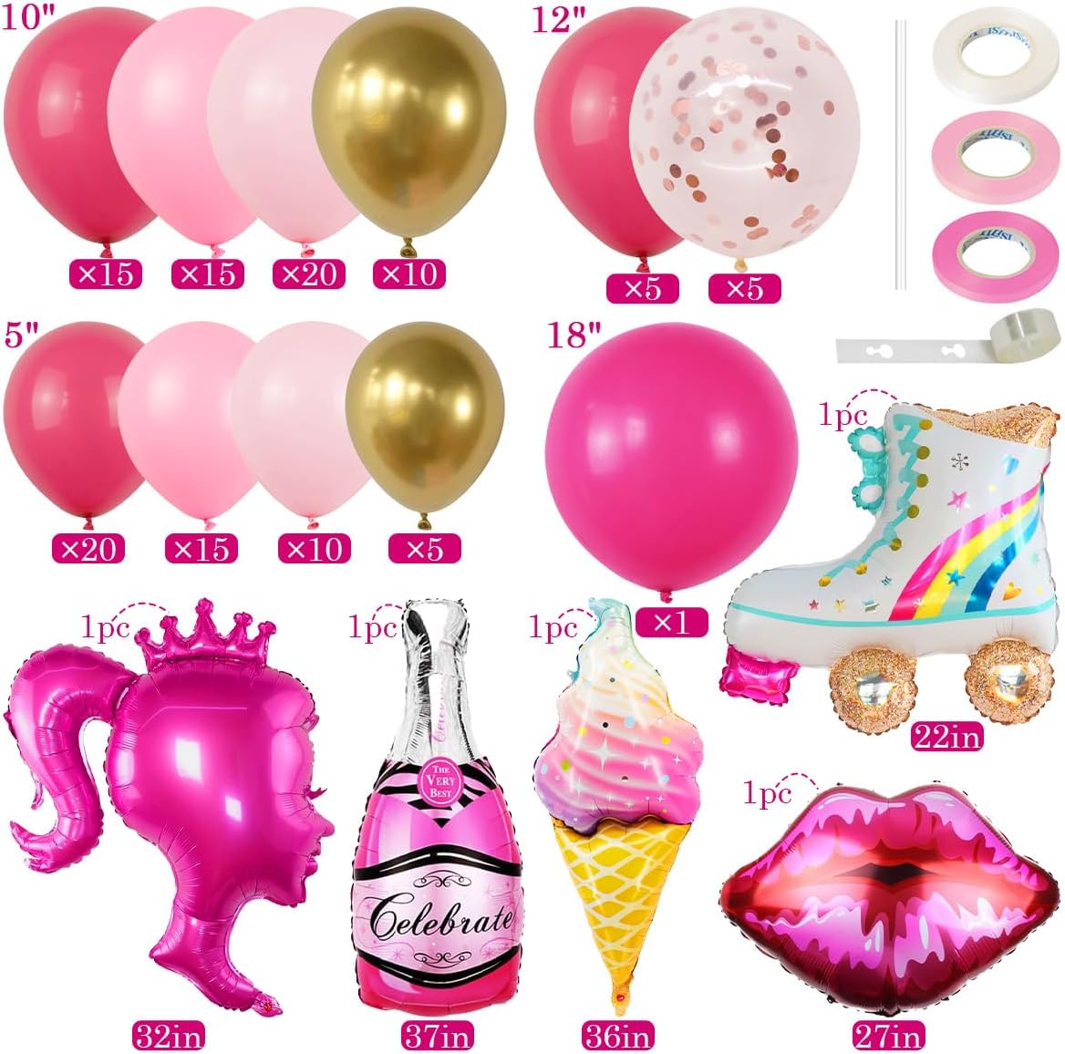 El kit de arco de guirnalda de globos rosas de 126 piezas incluye 5 globos estilizados rosa intenso niña rosa princesa princesa fiesta temática