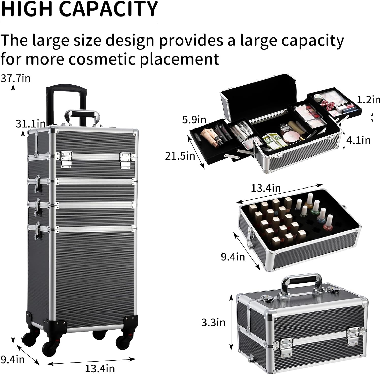 5 en 1 Rolling Maquillaje Tren Caja Profesional Grande Almacenamiento Carro Cosmético, Negro –