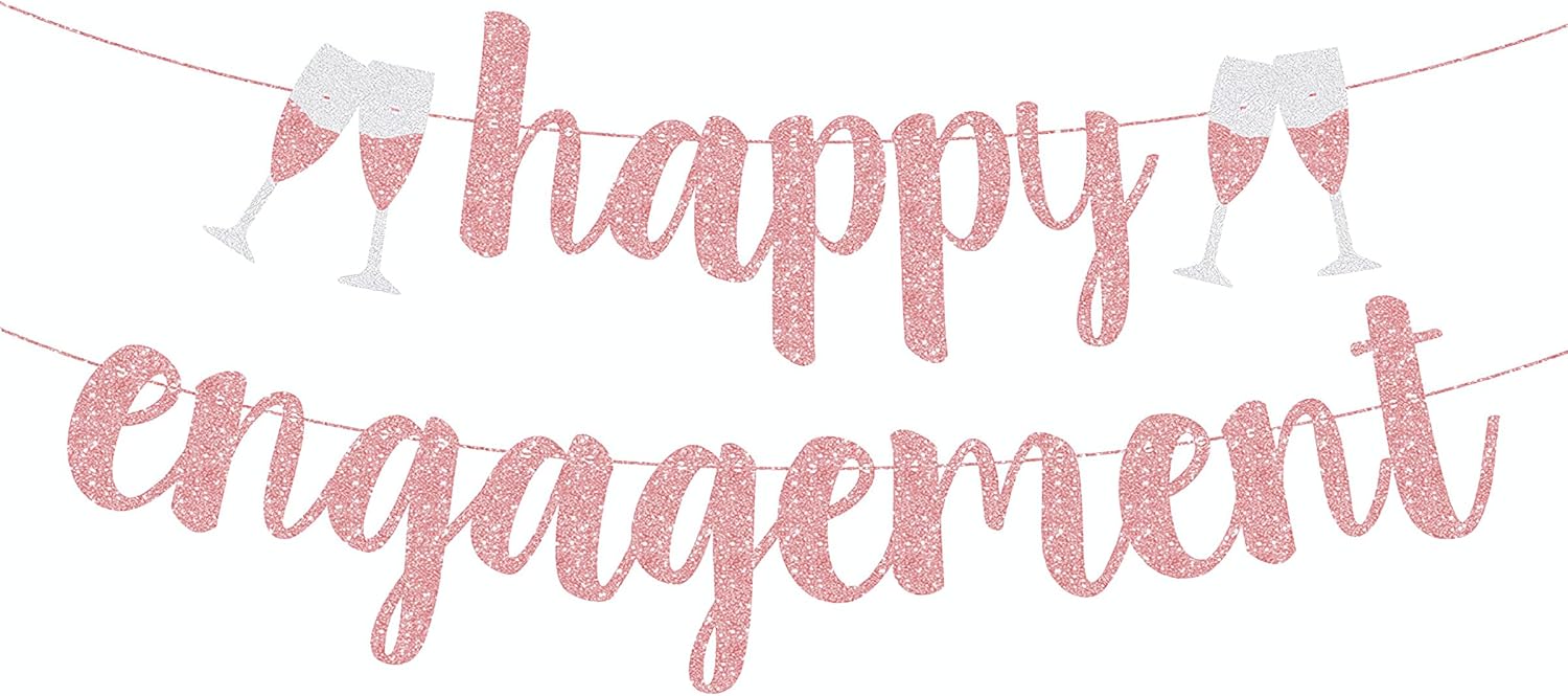 Cartel de compromiso feliz con purpurina de oro rosa, ideal para decoraciones de bodas y fiestas de compromiso, despedidas de soltera y celebrar a