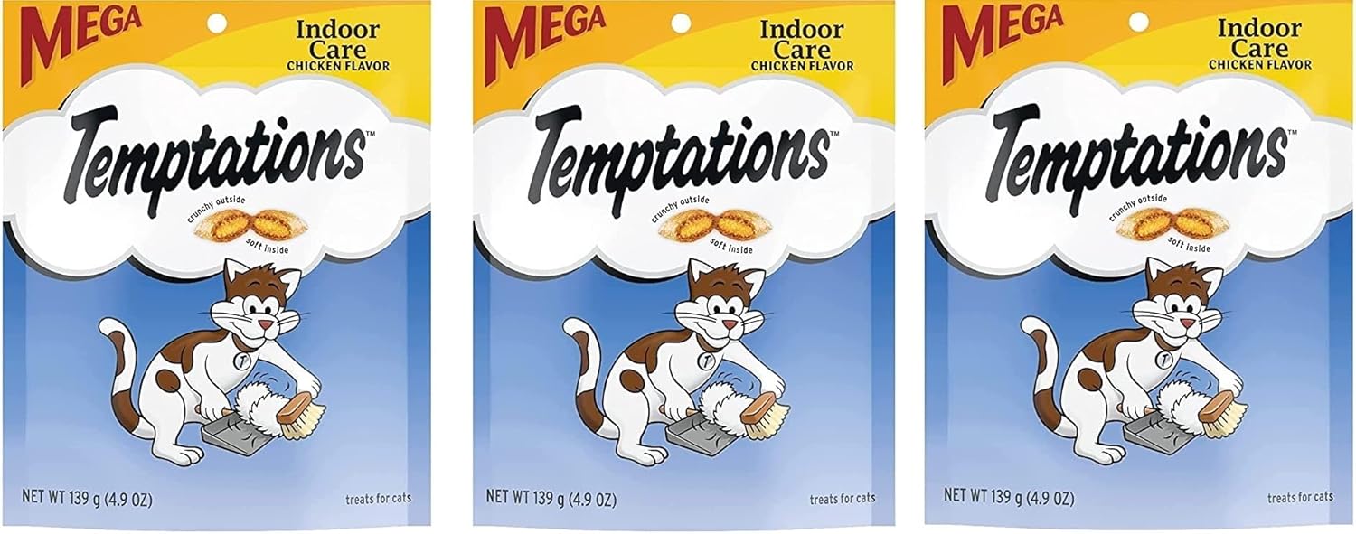 Temptation Indoor Care, Mega (paquete de 3) sabor a pollo para gatos, 4.9 onzas, cuidado interior