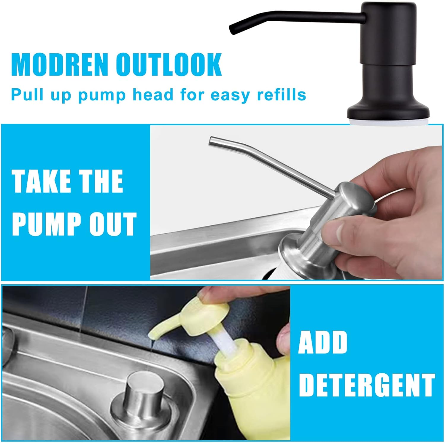 XINHUAYJ Dispensador de jabón para platos para fregadero de cocina, dispensador de jabón integrado de acero inoxidable con kit de tubo de extensión