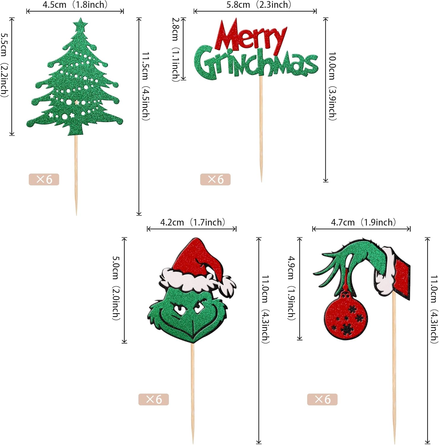 24 piezas de decoración para cupcakes con temática de Grinchmas Grinch rojo y verde con purpurina para árbol de Navidad para árbol de Navidad con
