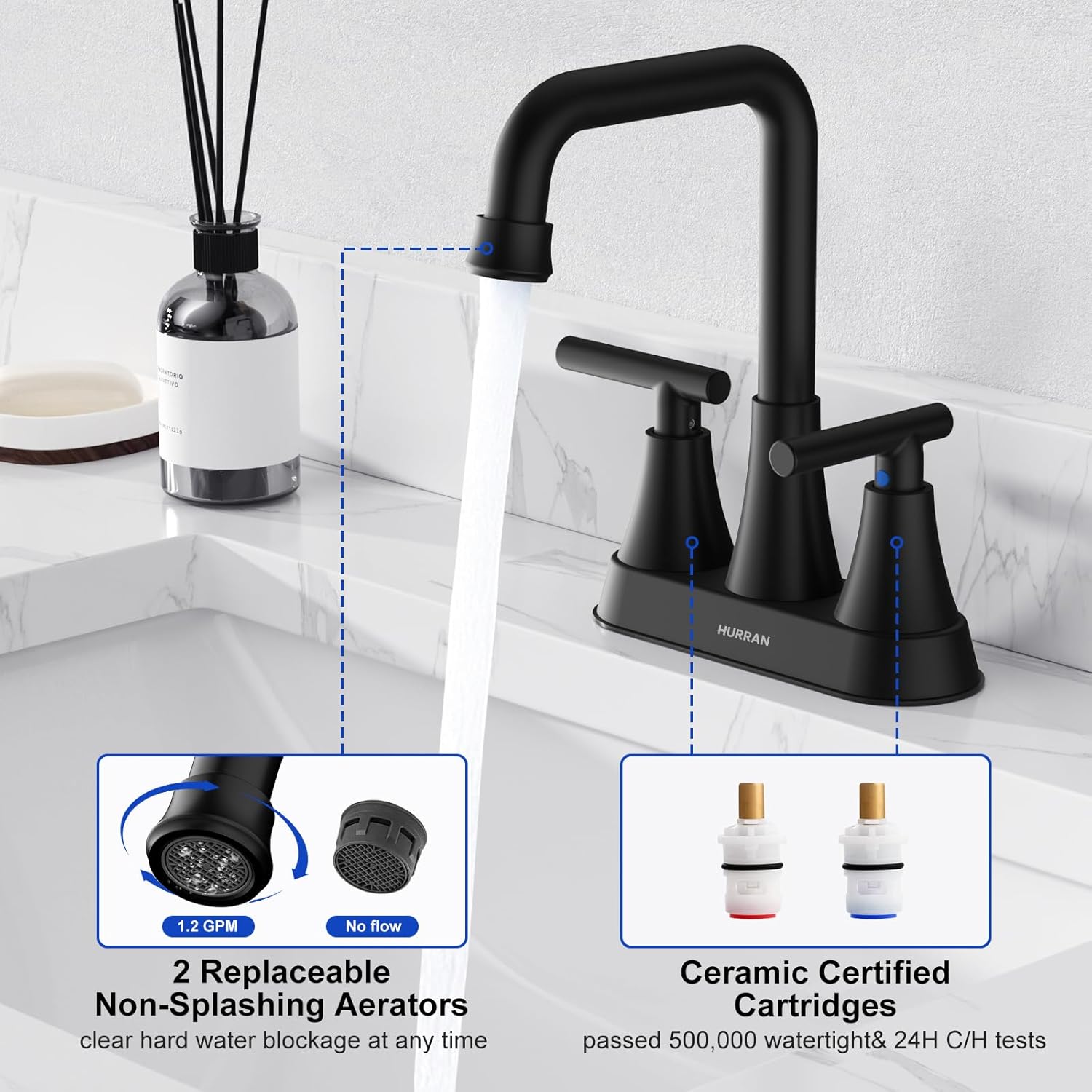 Grifo de lavabo de baño negro mate, 4 pulgadas, 3 agujeros con drenaje emergente y líneas de suministro, grifo central de acero inoxidable de 2