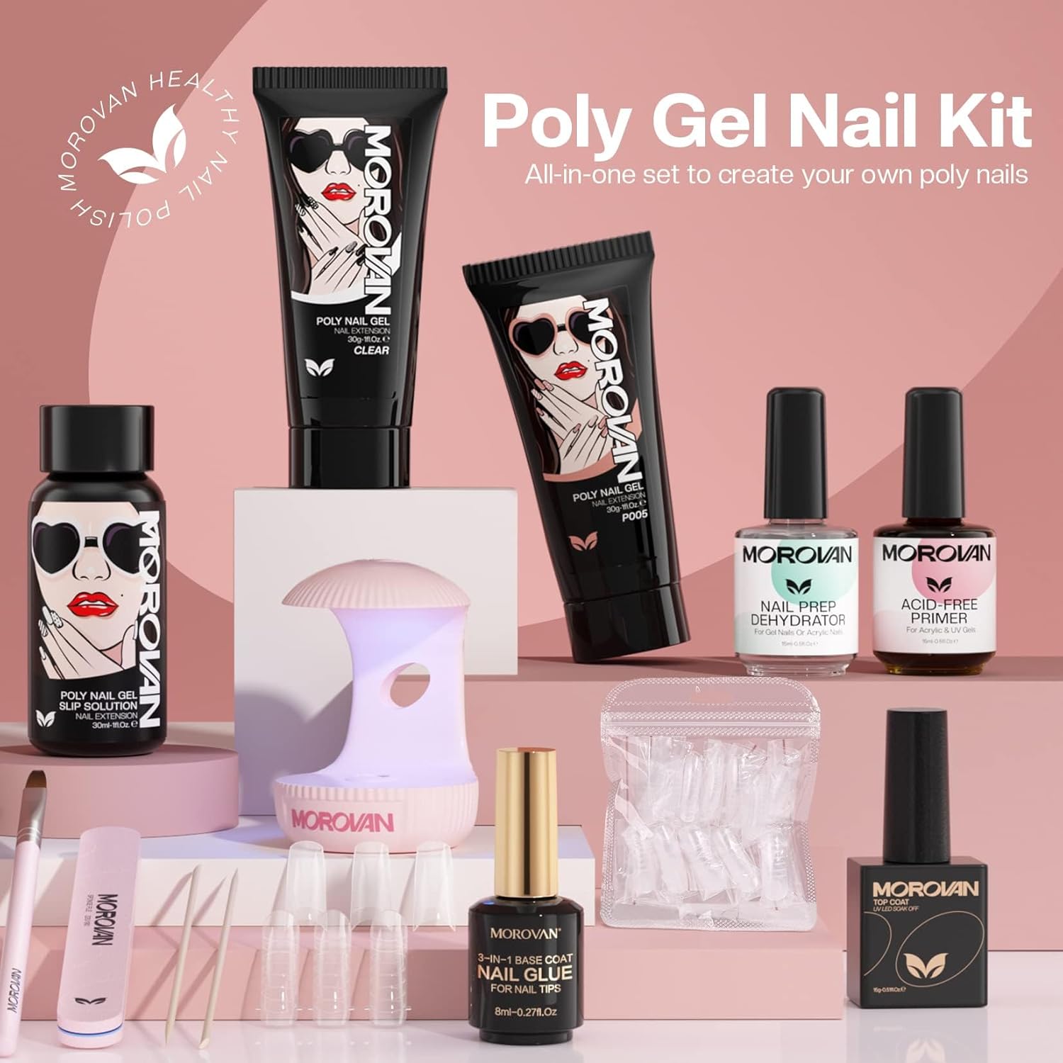 Morovan Poly Gel Nail Kit Poly Nail Gel Kit with U V Lamp 2 Colors Poly Gel Kit DIY Extension Gel Kit Poly Nail Gel Kit Starter Kit with Everything
