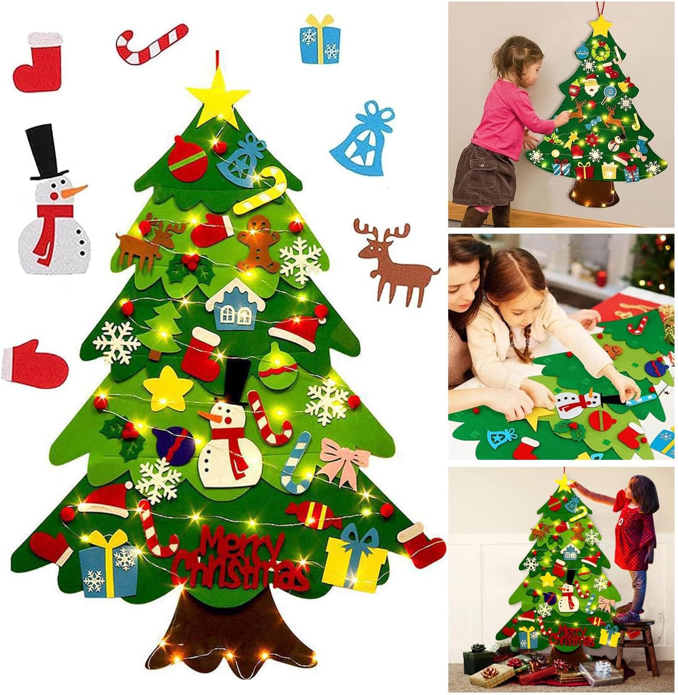 Juego de árbol de Navidad de fieltro para bricolaje, 32 piezas de adornos para colgar en la pared con luz LED, se puede reutilizar el árbol de