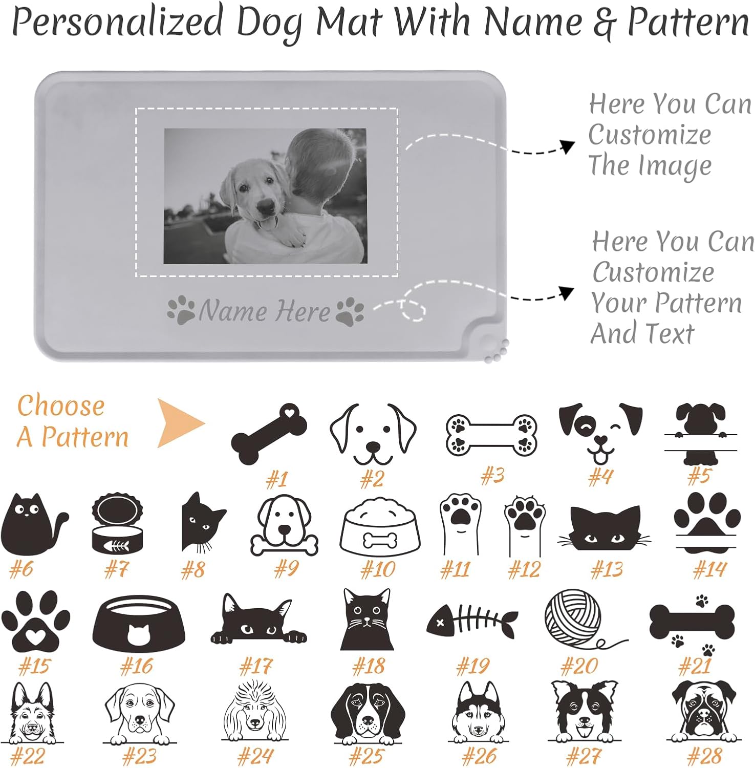 OXYEFEI Tapete personalizado de comida para perros y gatos, tapete para perros para comida y agua, tapete de silicona para tazones de comida para