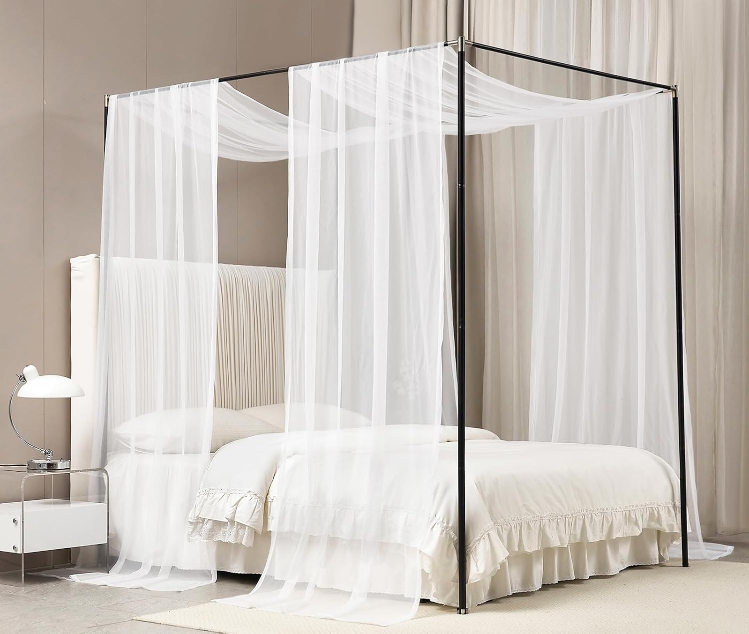 Akiky Cortinas de toldo para niñas con luz LED, tamaño King, California King, cortinas de cama con marco, bufandas de cenefa ideales para cama,