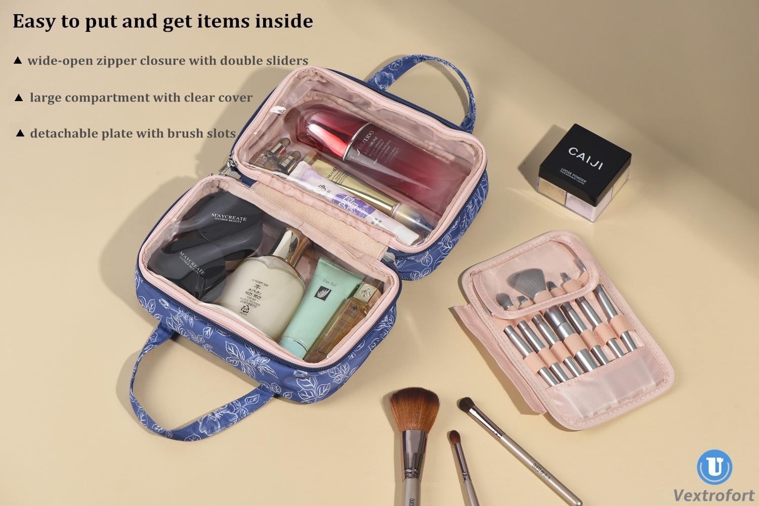 VEXTROFORT Bolsa de maquillaje, pequeñas bolsas de cosméticos de viaje portátiles para mujeres con organizador de brochas y asa, bolsa de maquillaje