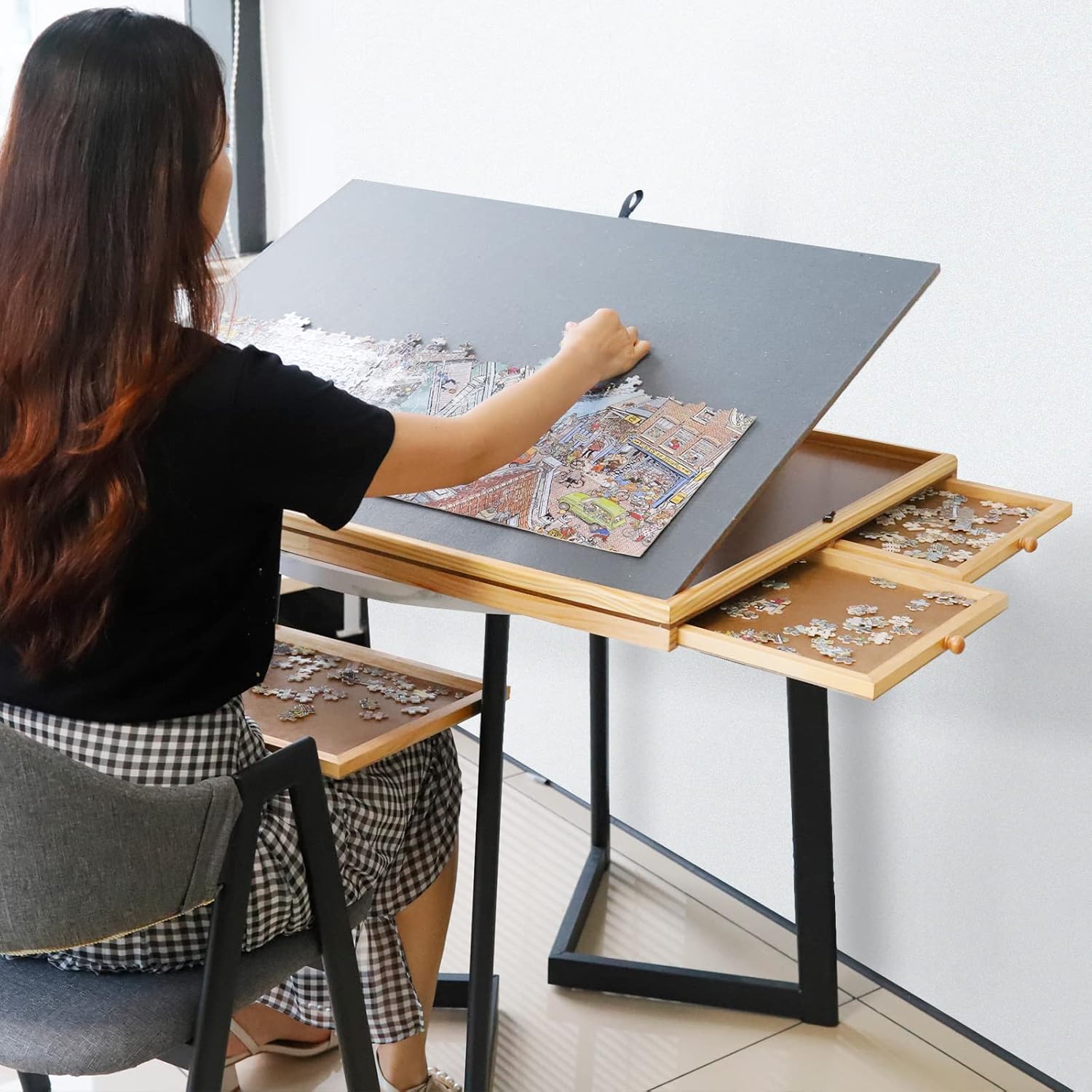 Mesa de rompecabezas para adultos, tablero de rompecabezas de madera de 1500 piezas con 4 cajones de 35 x 26 pulgadas, tablero de rompecabezas de