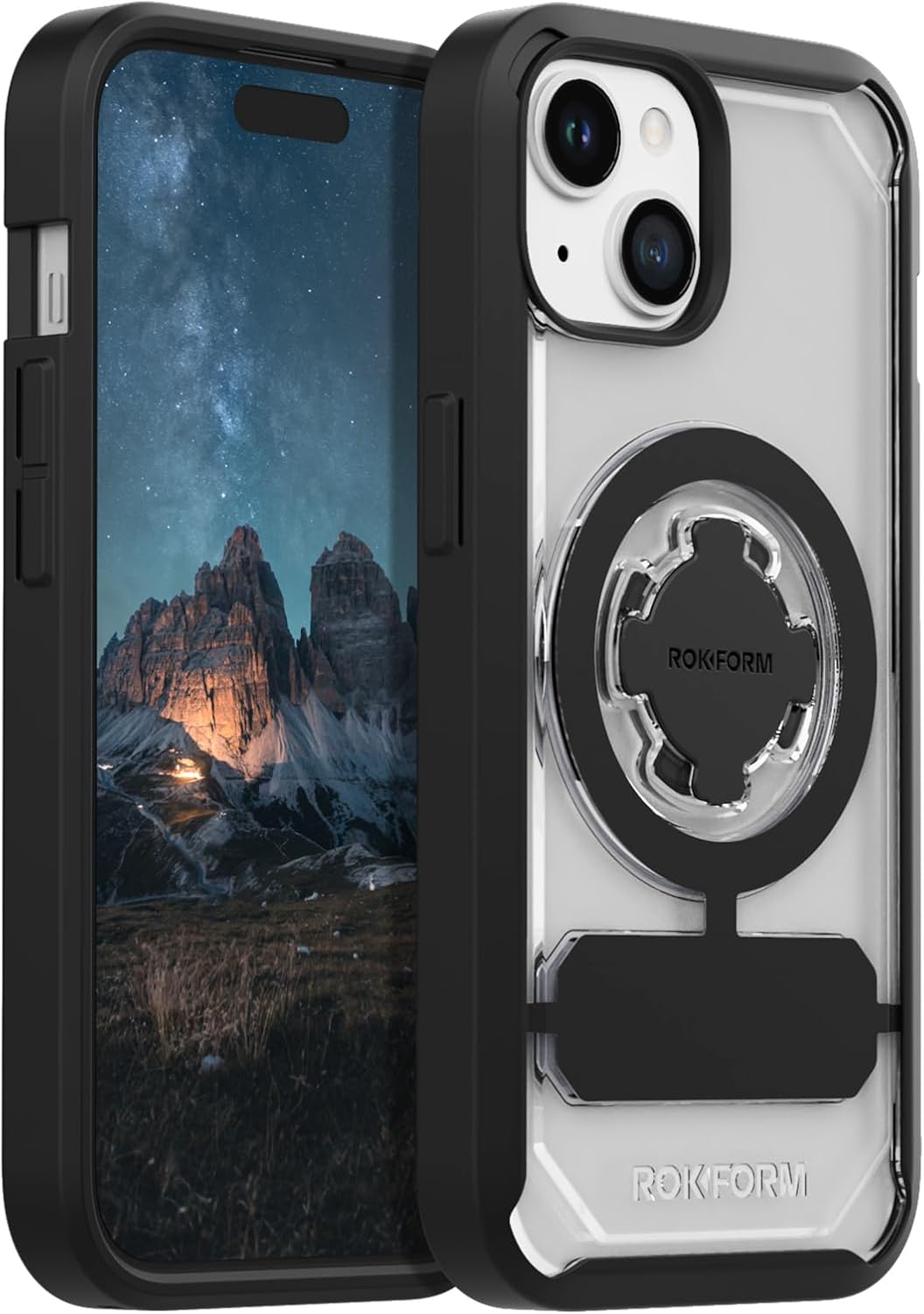 Rokform – Funda para iPhone 15, serie Crystal, funda magnética transparente para iPhone 15 con bloqueo giratorio RokLock, armadura delgada probada