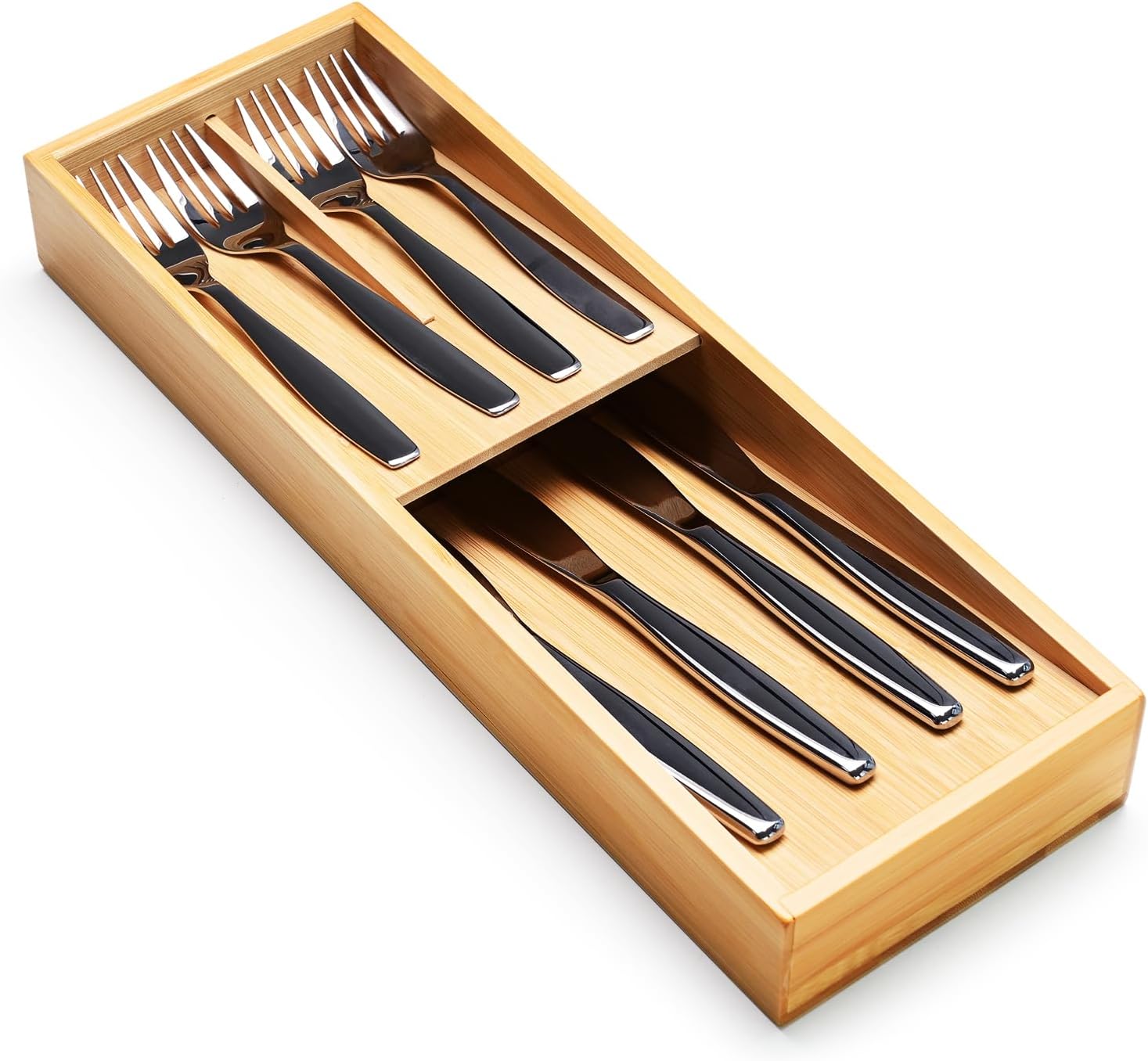 Ollieroo Organizador de cajones de cubiertos de bambú, organizador de cajones de cocina compacto para cubiertos, soporte de utensilios para