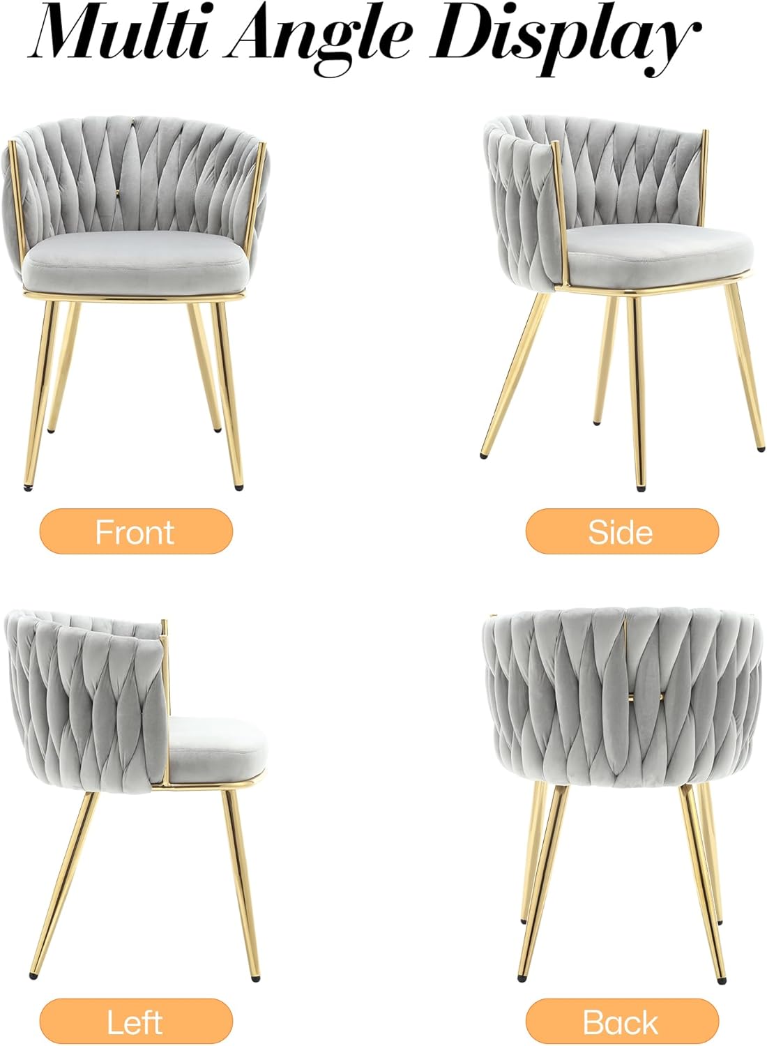 KCC Juego de 2 sillas de comedor de terciopelo, sillas de comedor modernas doradas con patas de metal, sillas de comedor tapizadas tejidas para